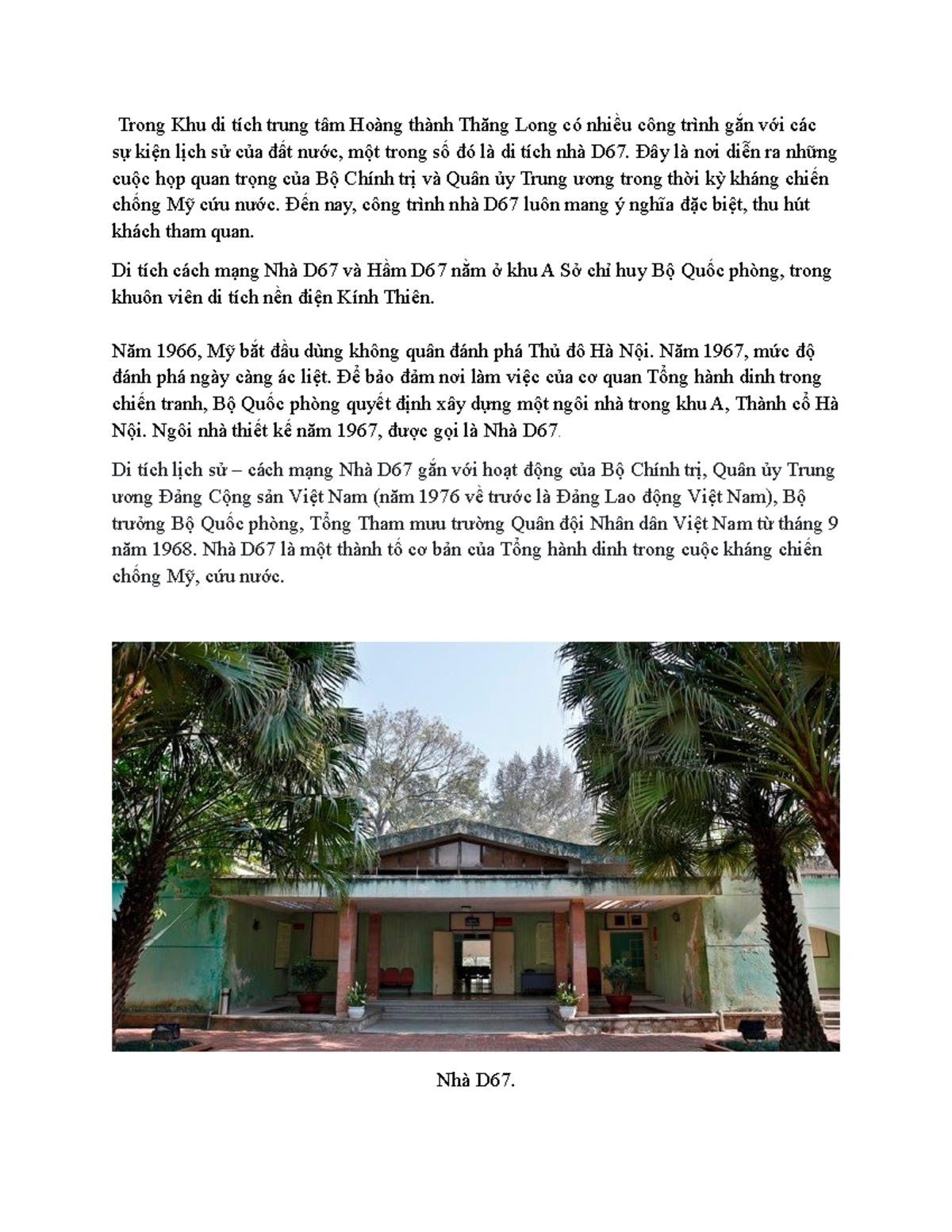Di tích Nhà D67 và Hầm D67 tại Hoàng thành Thăng Long - Studocu