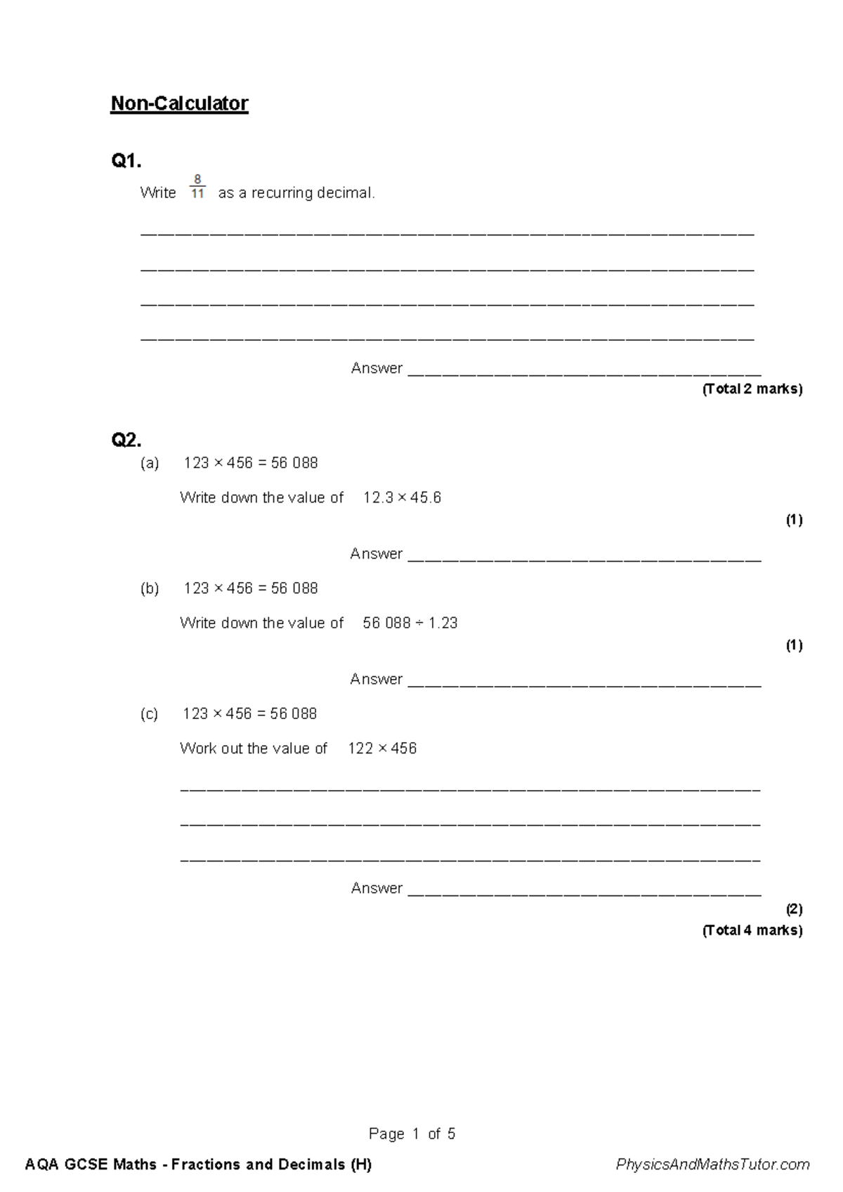 AQA GCSE Maths: Fractions and Decimals (H) QP Exam Questions - Studocu