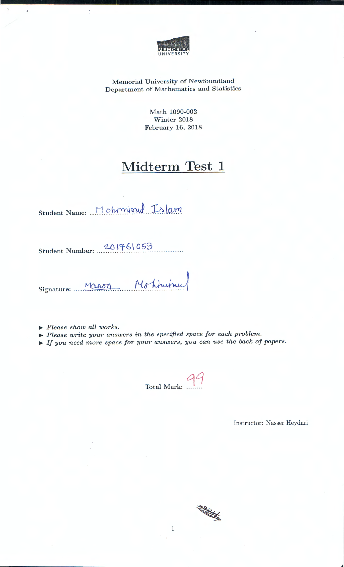 Midterm 1 Solutions for Math 1090 - Winter 2018 at Memorial University ...