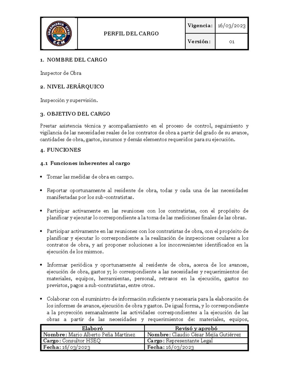 Perfil del Cargo Inspector de Obra-CCGM - PERFIL DEL CARGO Versión: 01 ...