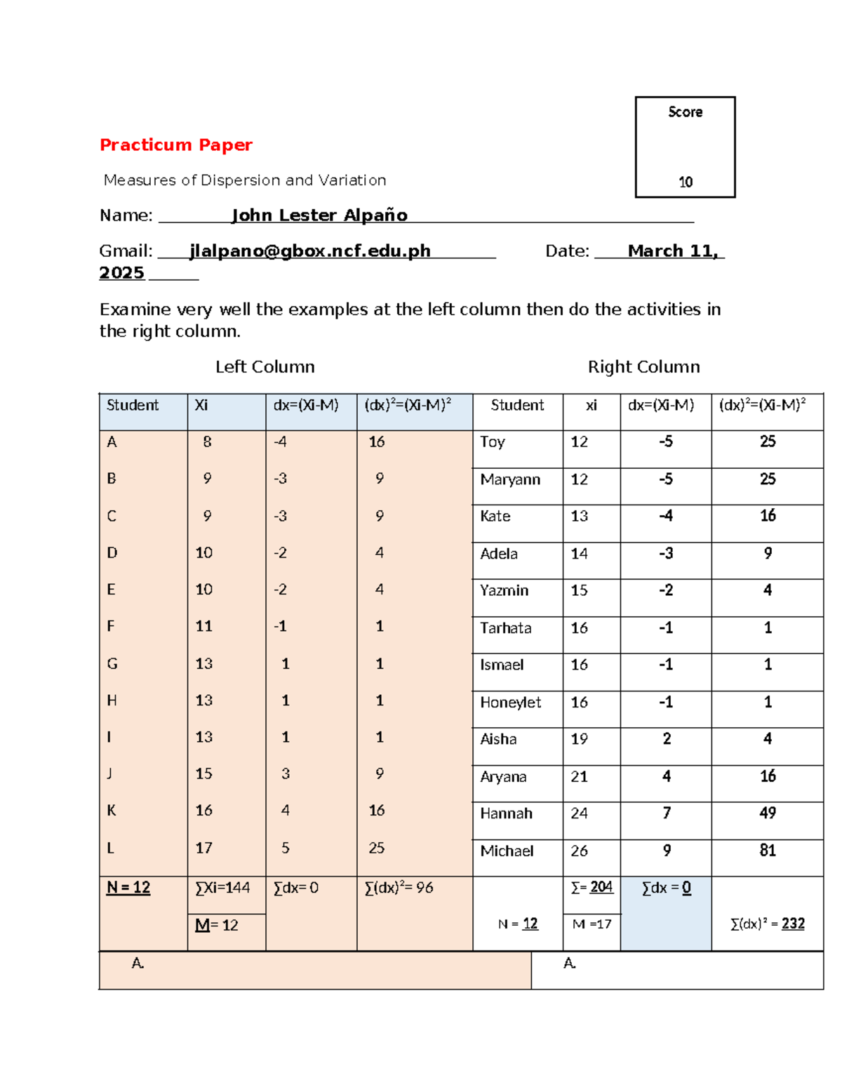 CAF Unit 5 Practicum Paper: Measures of Dispersion & Variation - Studocu