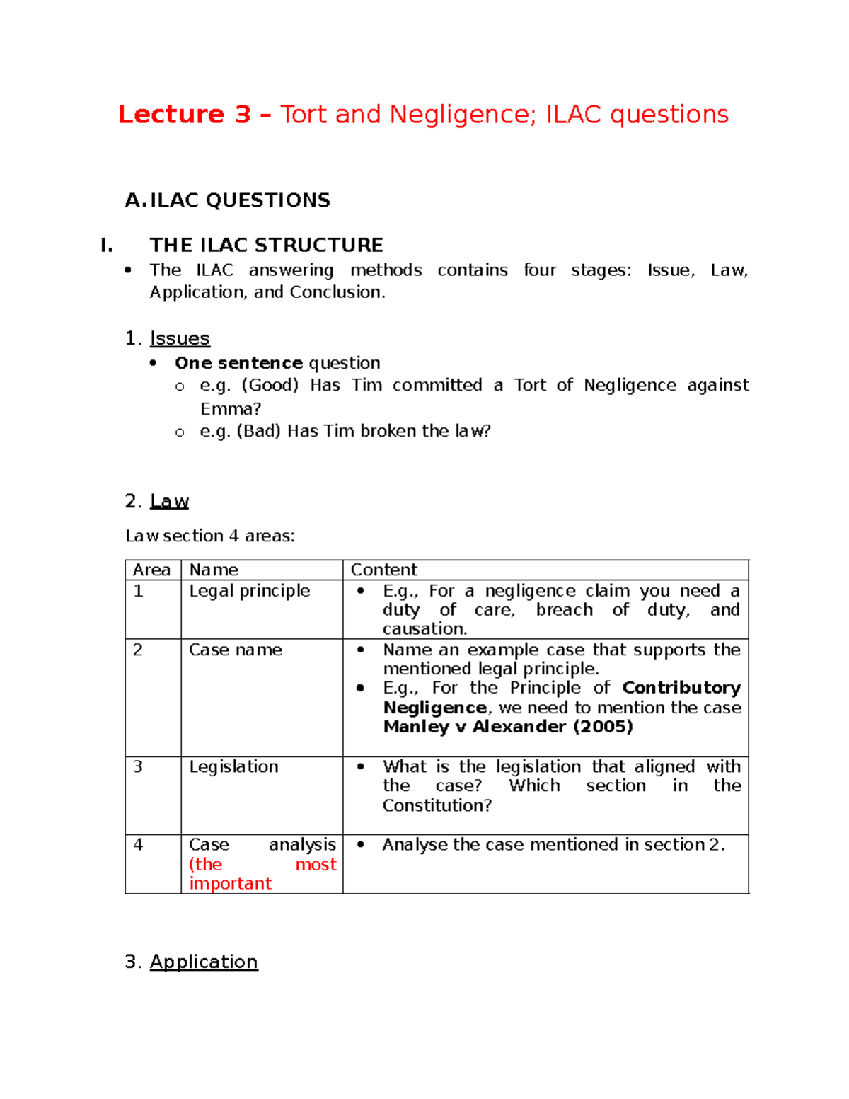 Lecture 3 - ILAC Questions - Lecture 3 – Tort and Negligence; ILAC ...