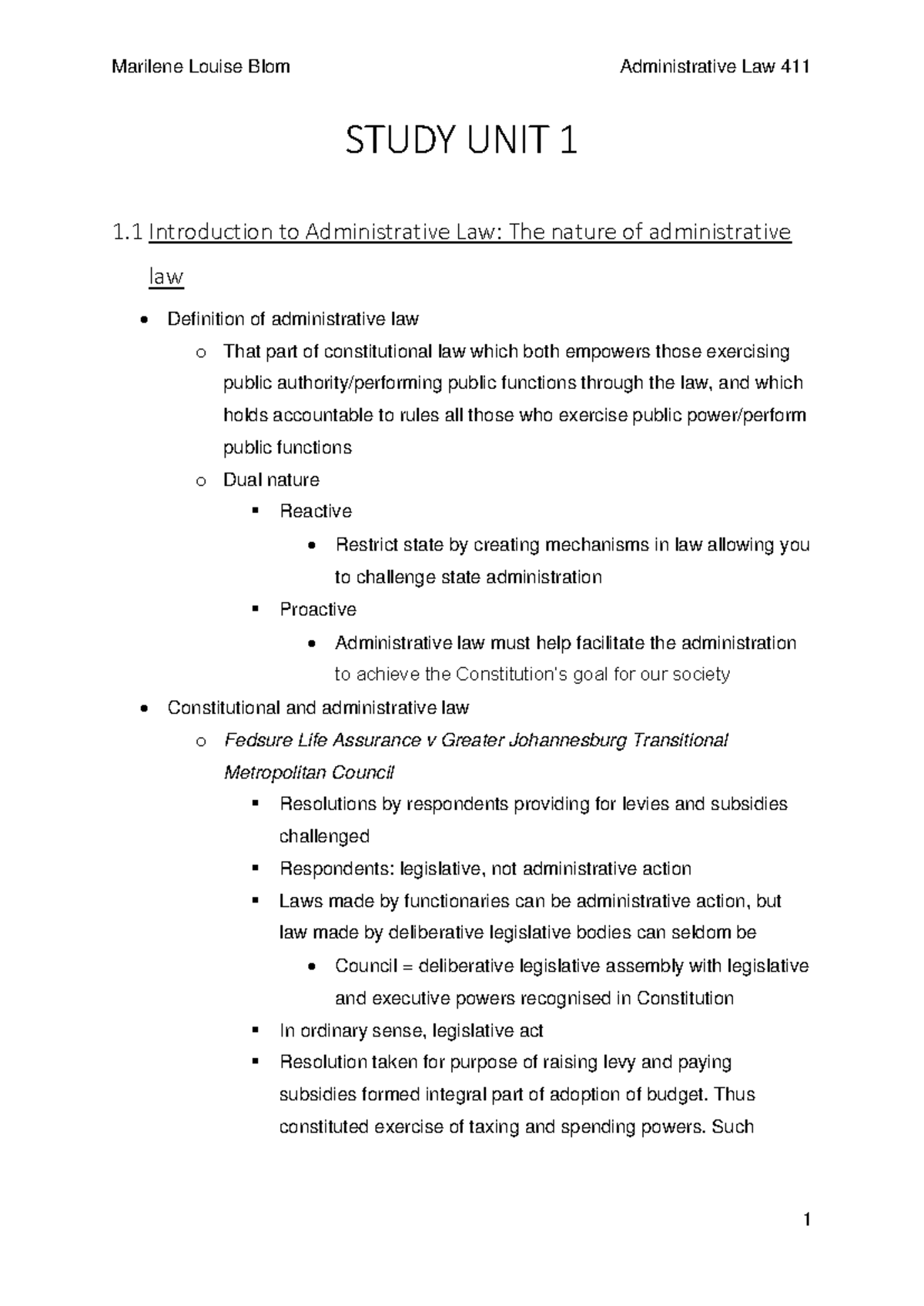 Administrative Law Overview - Study Unit 1 (Course Code: Admin) - Studocu