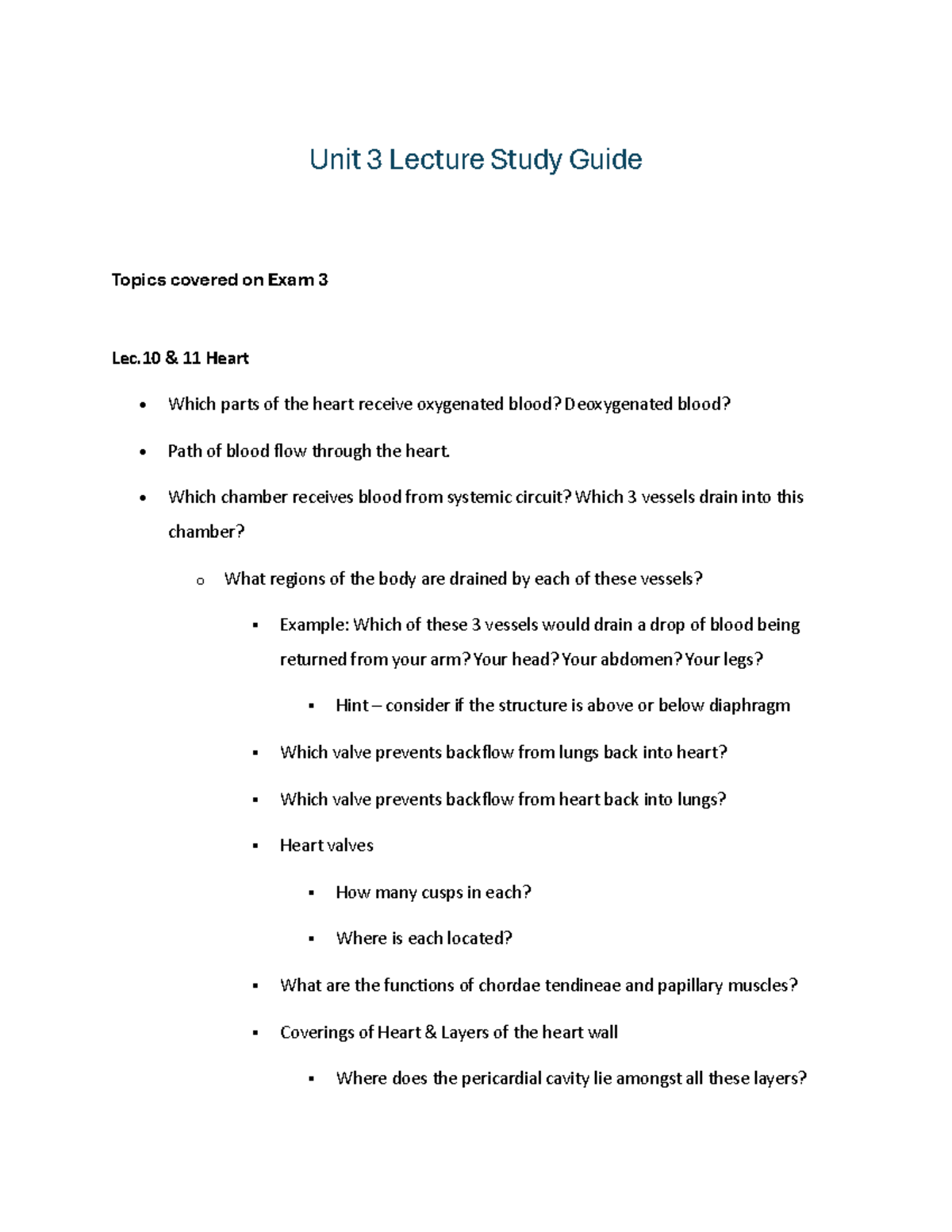 Unit 3 Lecture Study Guide: Anatomy & Physiology Exam 3 Topics - Studocu