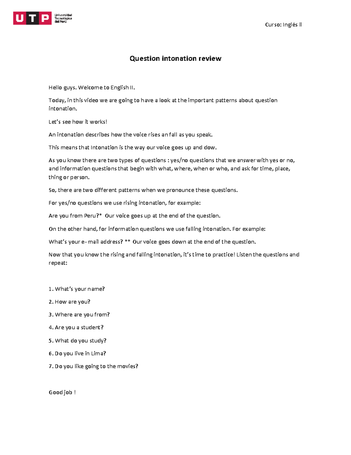 Inglés II: Question Intonation Patterns Review (Semana 1) - Studocu
