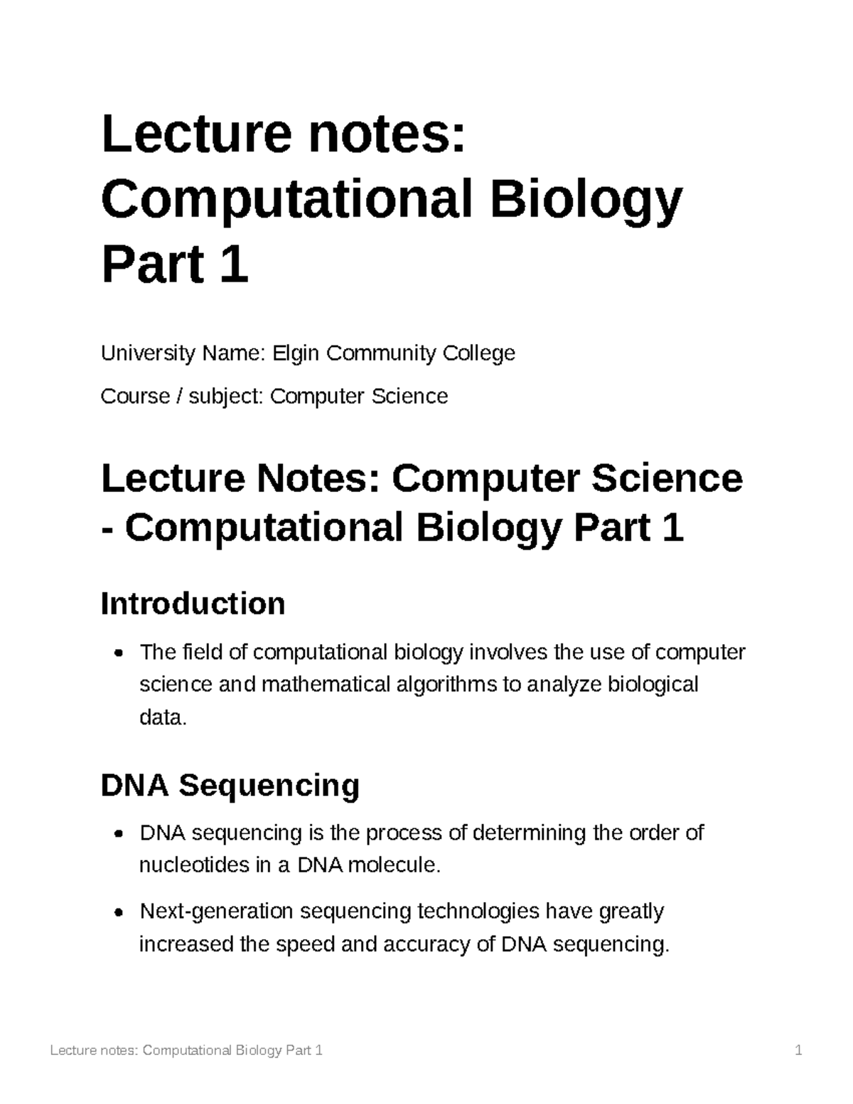 Lecture notes Computational Biology Part 1 - Lecture notes ...