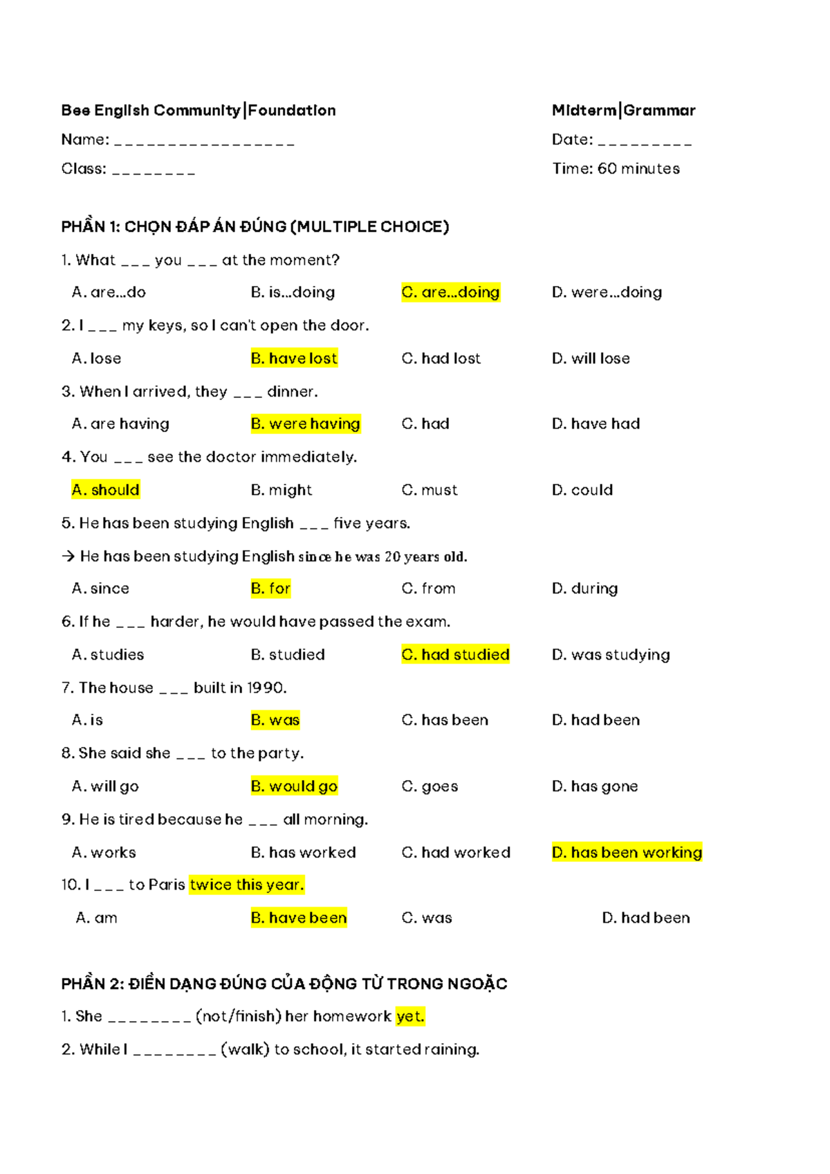 TEST - Bài tập TA: Multiple Choice & Sentence Transformation - Studocu