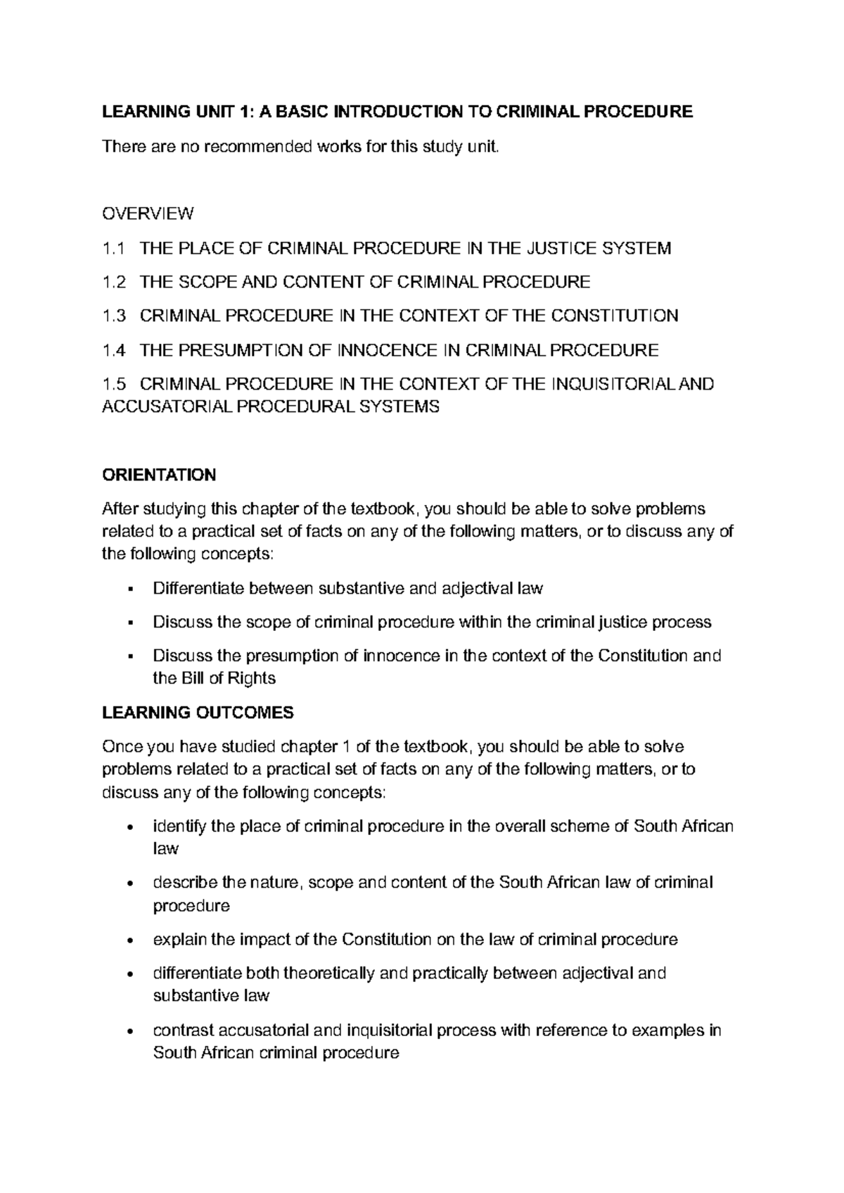 LEARNING UNIT 1: INTRO TO CRIMINAL PROCEDURE NOTES - Studocu