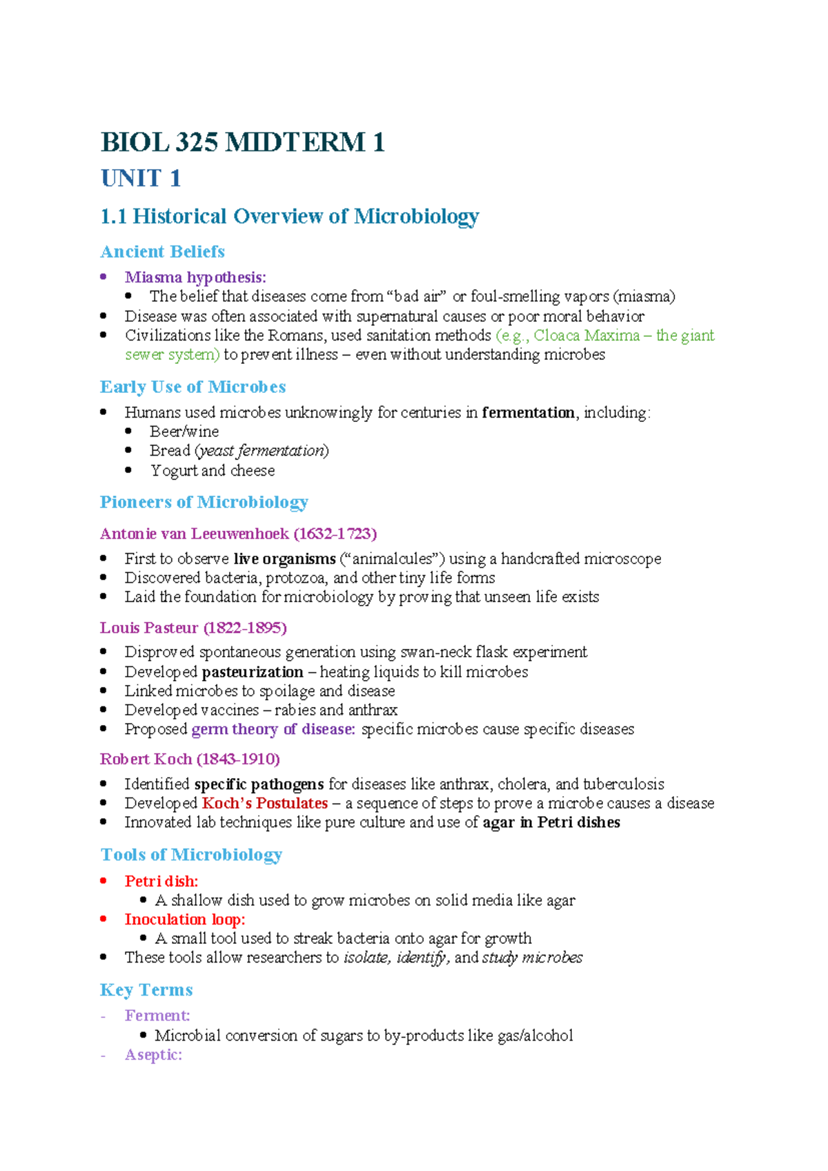 BIOL 325 MIDTERM 1 STUDY NOTES: HISTORICAL OVERVIEW OF MICROBIOLOGY ...