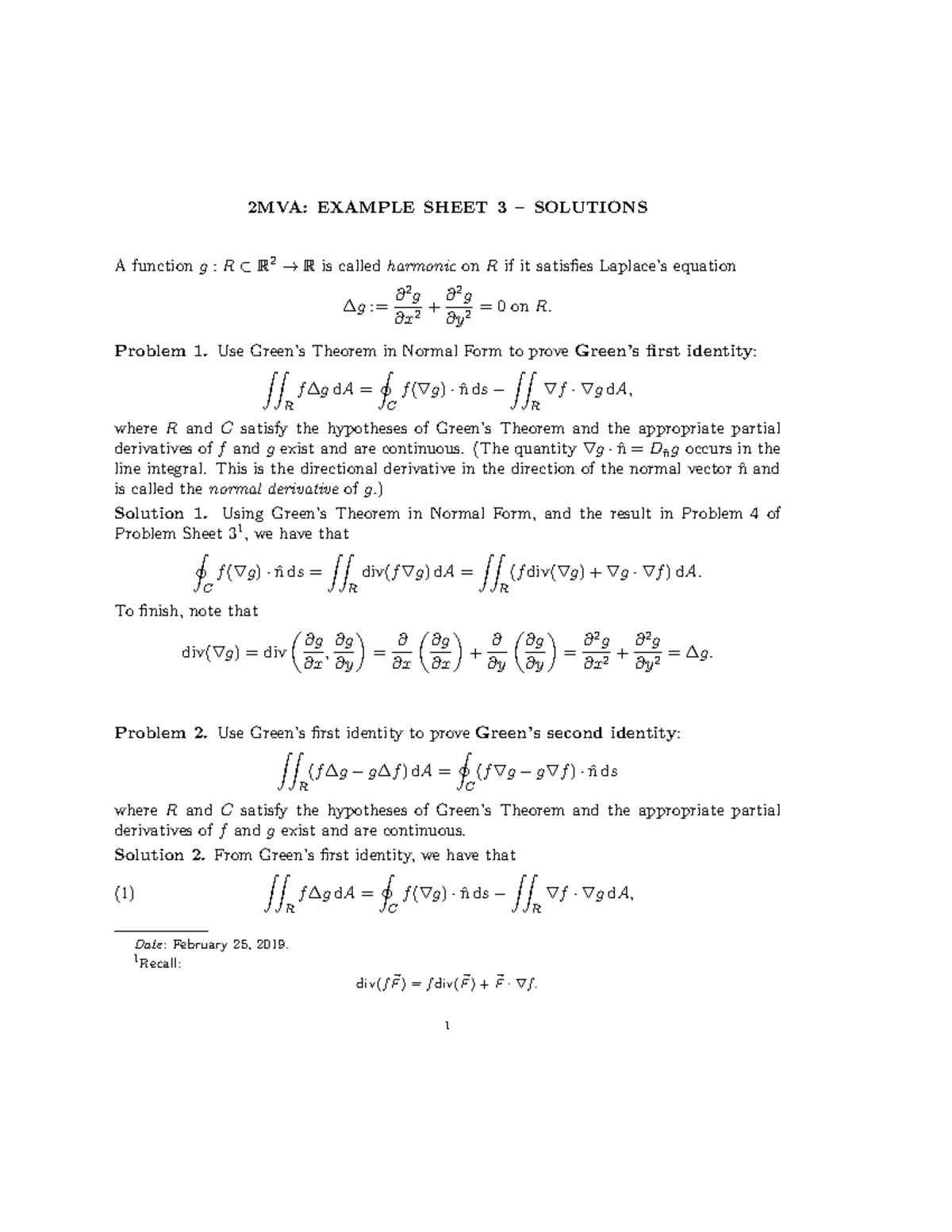 Example Sheet 3 Solutions - 2MVA: EXAMPLE SHEET 3 – SOLUTIONS A ...