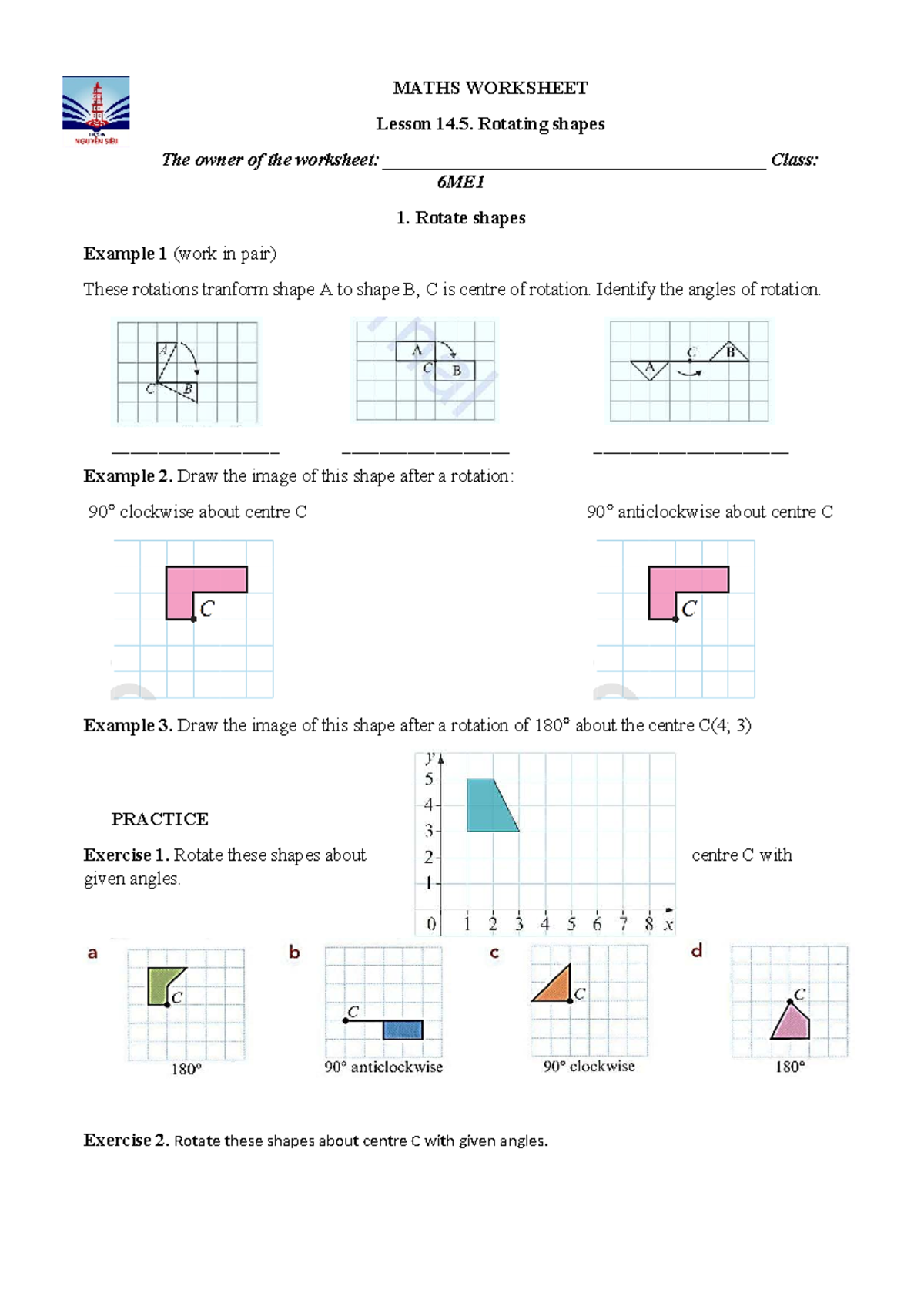 MATHS WORKSHEET 6ME1: Lesson 14.5 - Rotating Shapes Exercises - Studocu