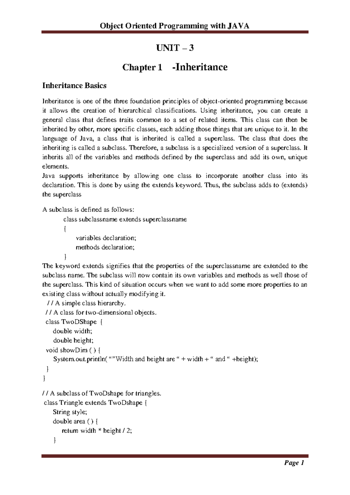 Java UNIT 3 Chapter 1: Inheritance Basics in OOP - Studocu