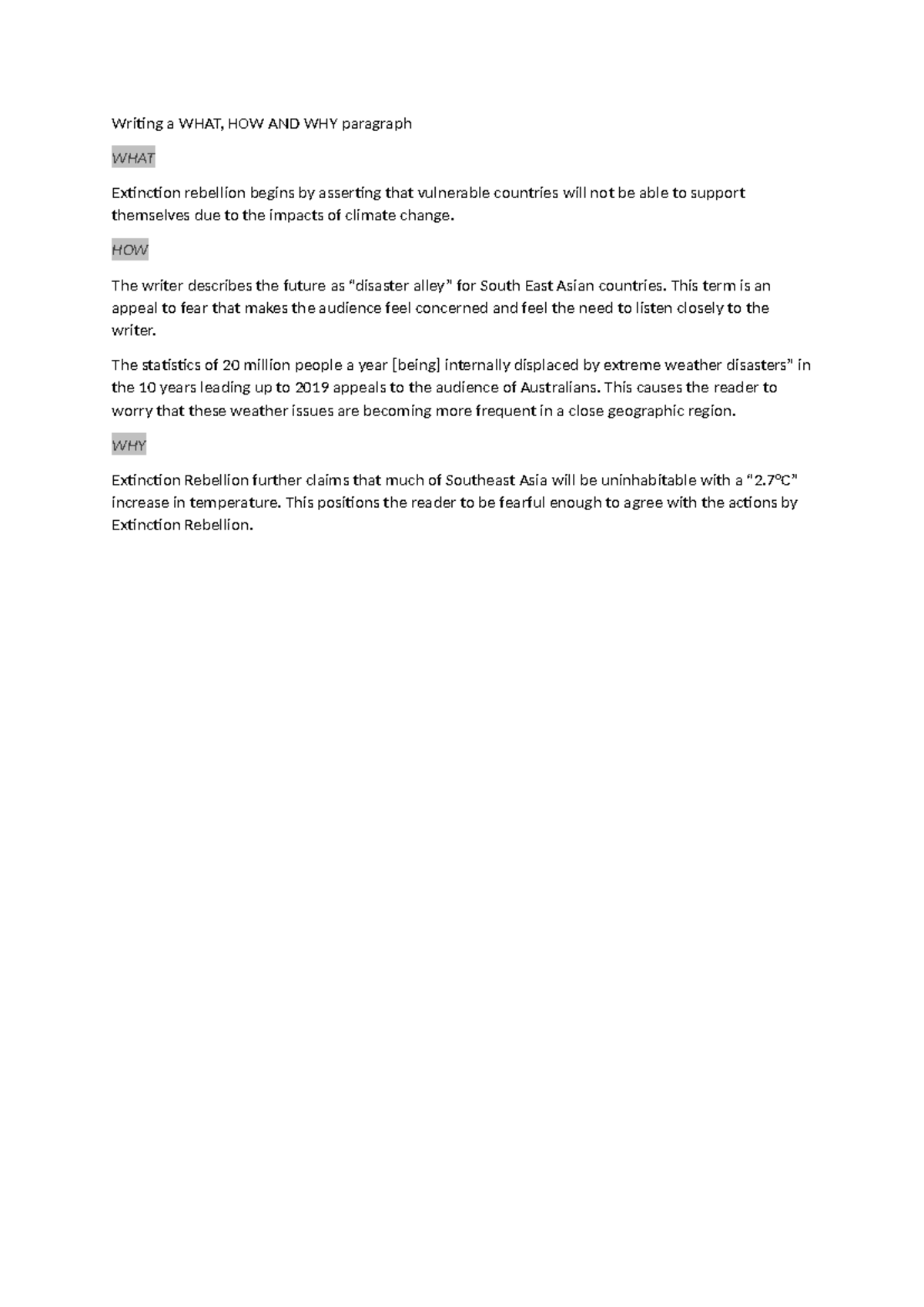 Writing a WHAT, HOW, WHY Paragraph on Climate Change Impacts - Studocu