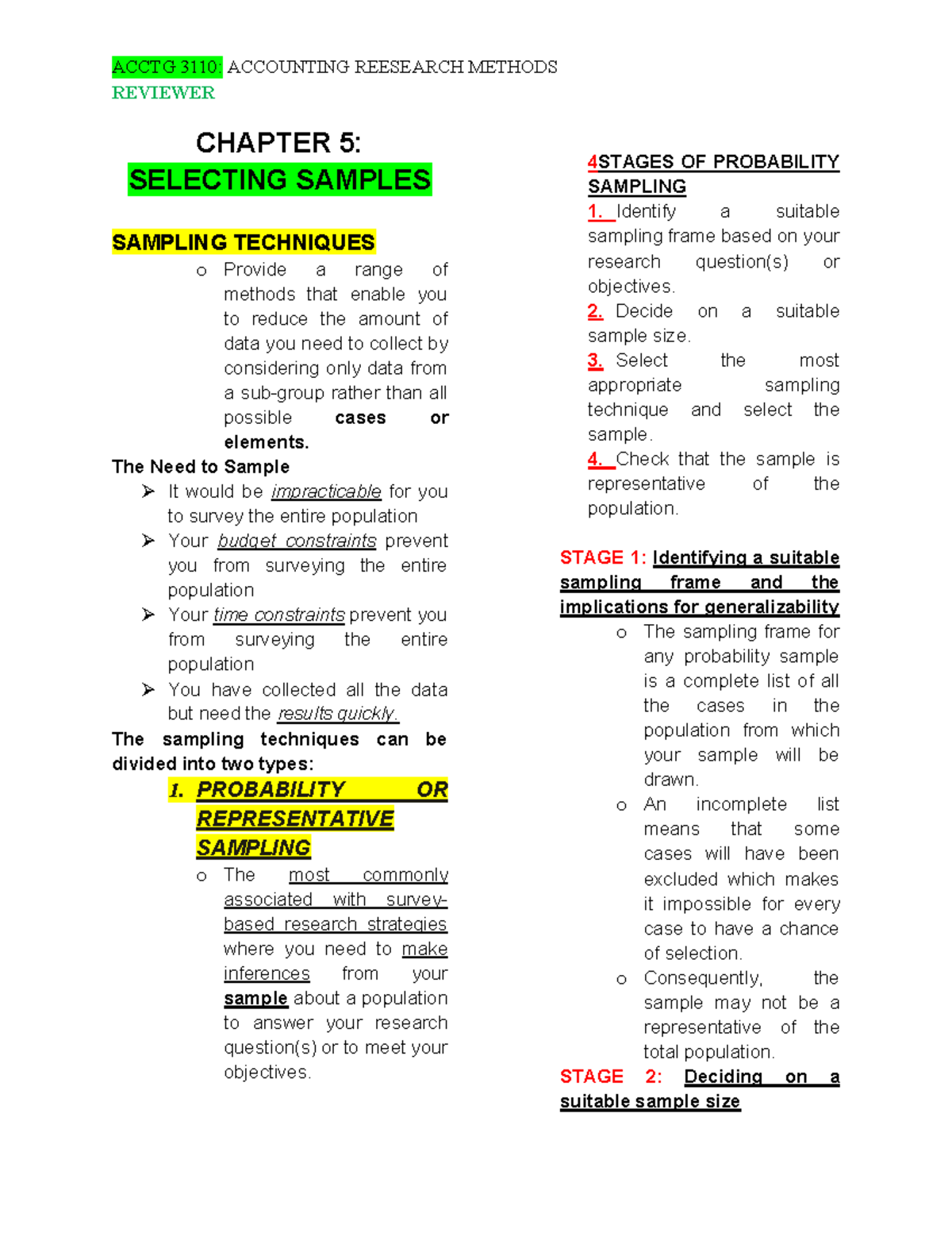 Acctg research - REVIEWER CHAPTER 5: SELECTING SAMPLES SAMPLING ...