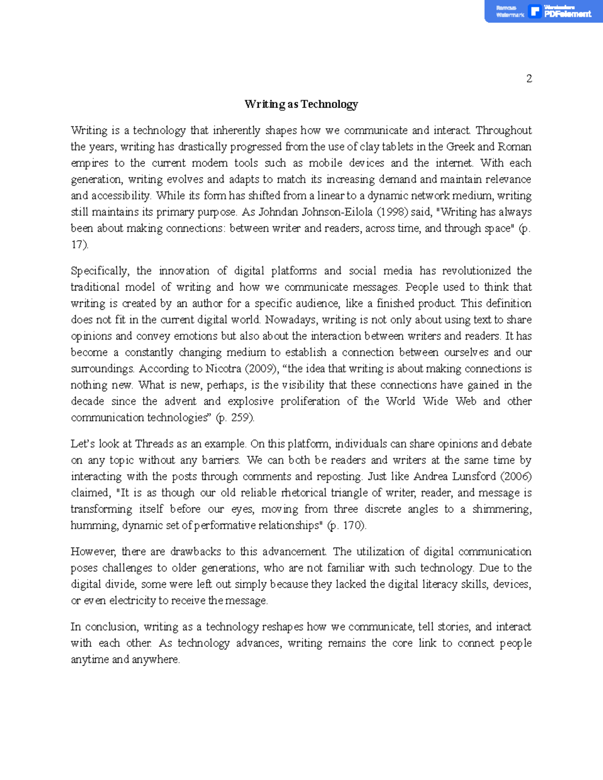 Short Answer - Assessment 2: Writing as Technology and Communication ...