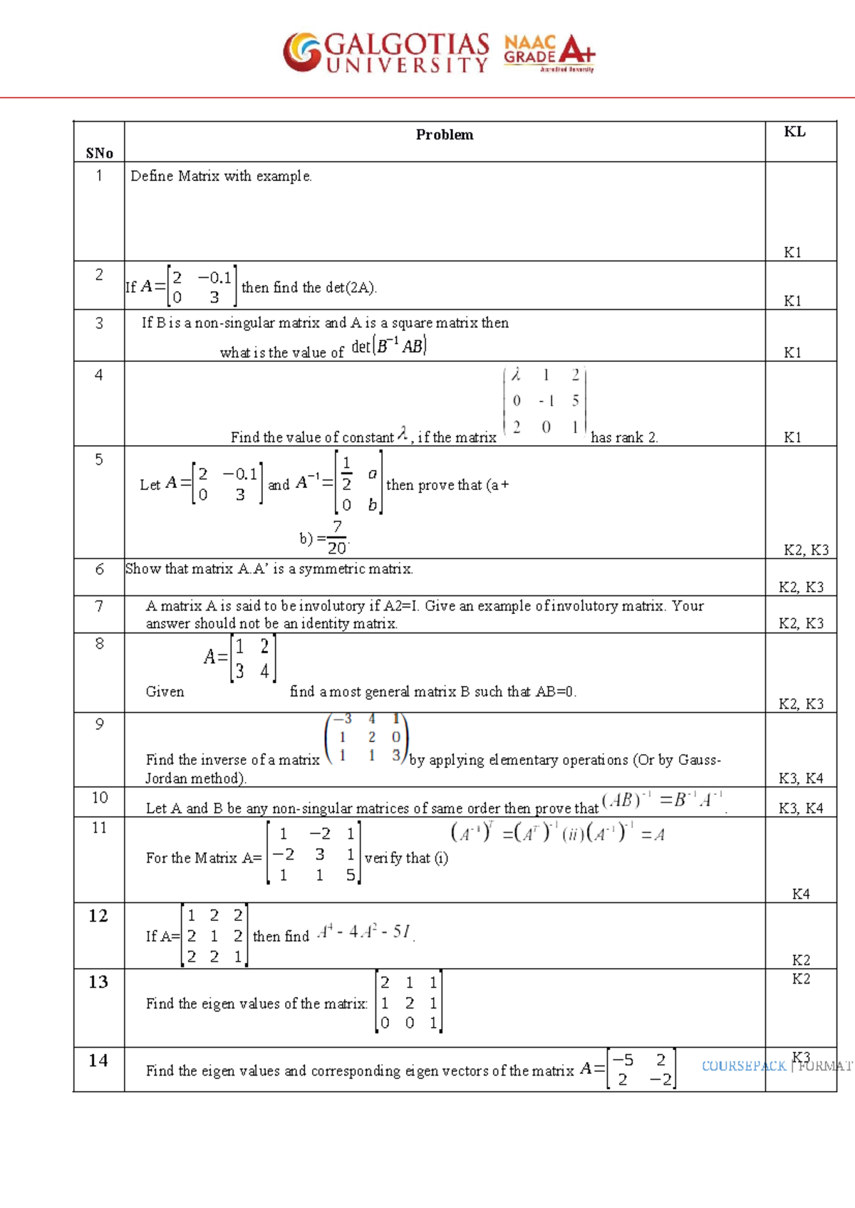 EM-1 Midterm Exam Practice Questions on Matrix Theory - Studocu