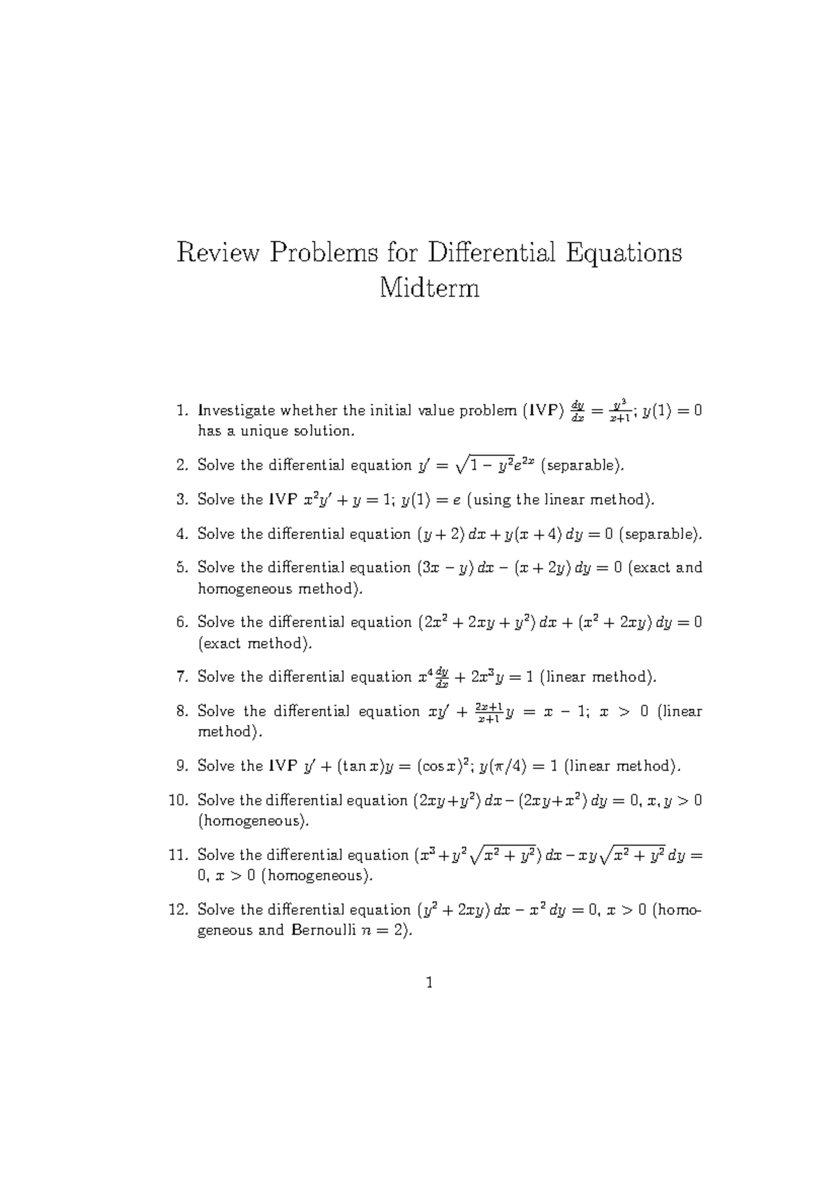 Review Problems for Differential Equations Midterm - Review Problems ...