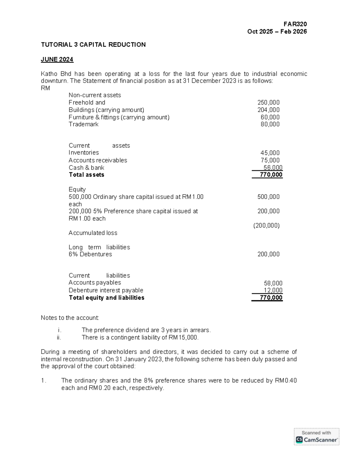 FAR320 Oct 2025 Feb 2026 Tutorial 3: Capital Reduction Analysis and ...