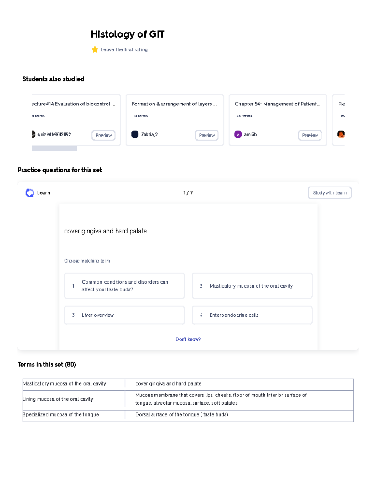 Histology of GIT - Flashcards & Quizlet Study Guide (Quiz) - Studocu