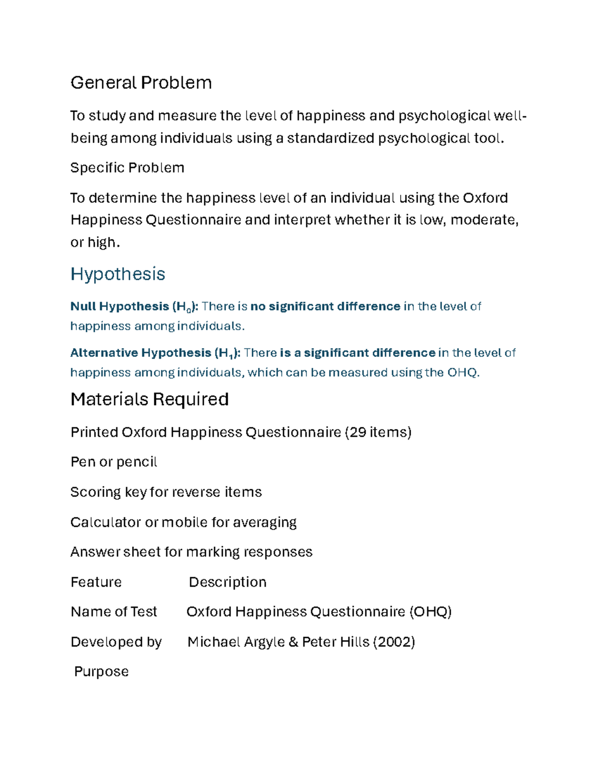 OHQ Analysis: Measuring Happiness Levels in Positive Psychology - Studocu