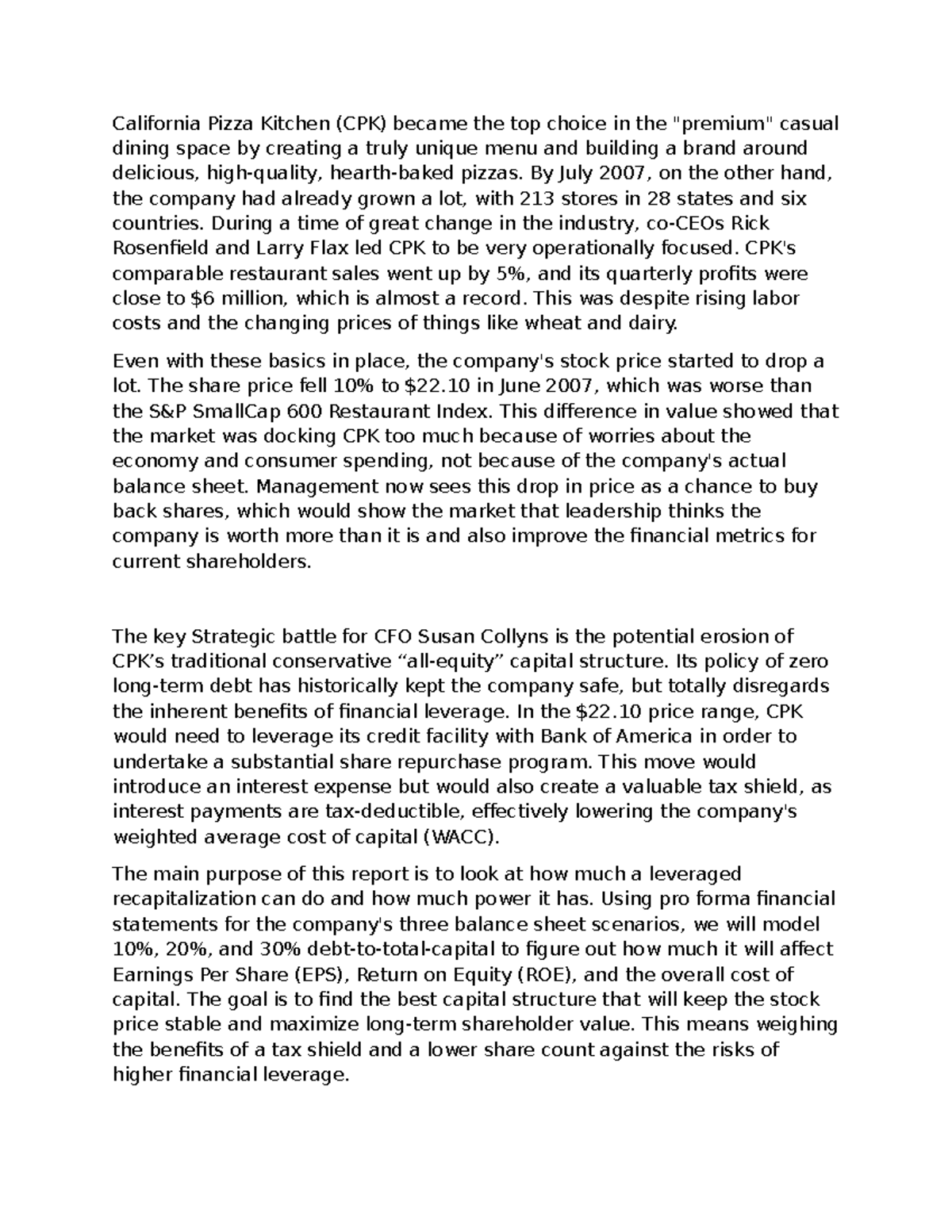 California Pizza Kitchen (CPK) Case Study: Strategic Financial Analysis ...