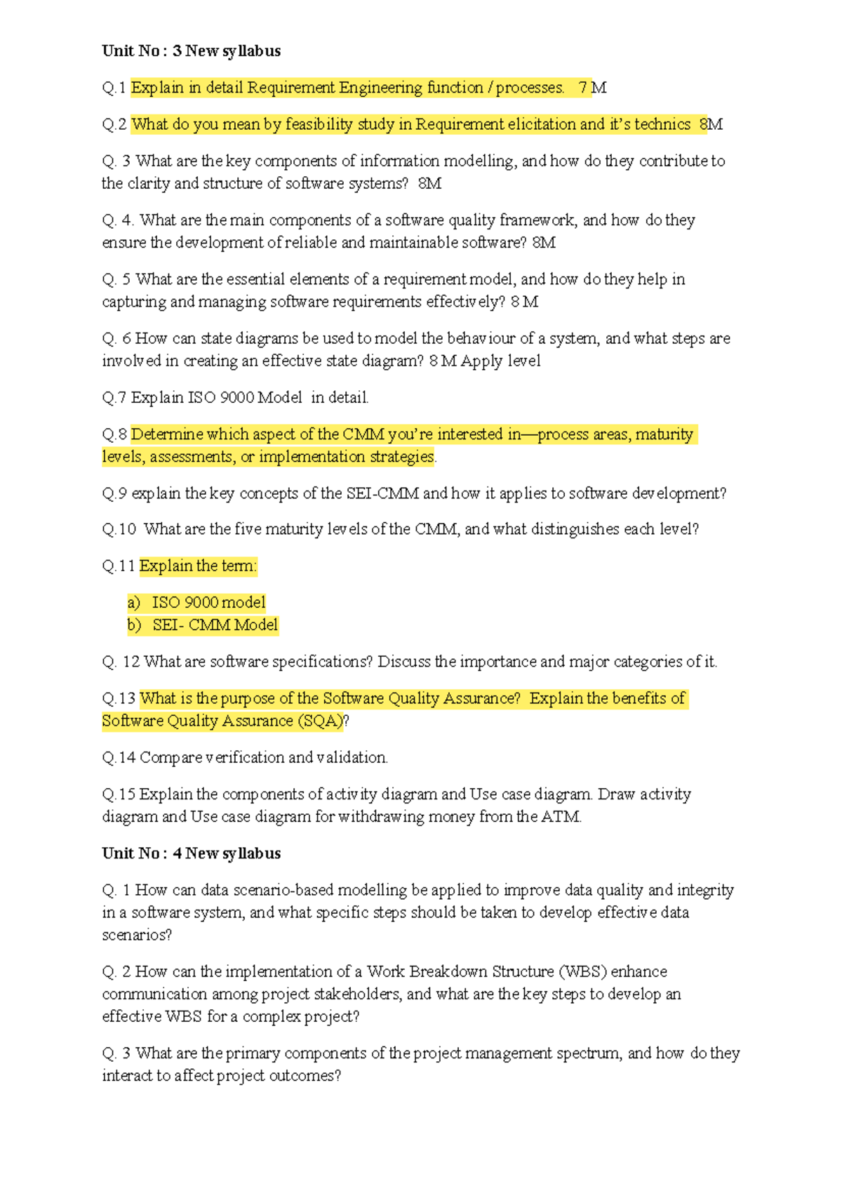 Question Bank for Software Engineering (SE 101): Unit 3-5 Exam Prep ...