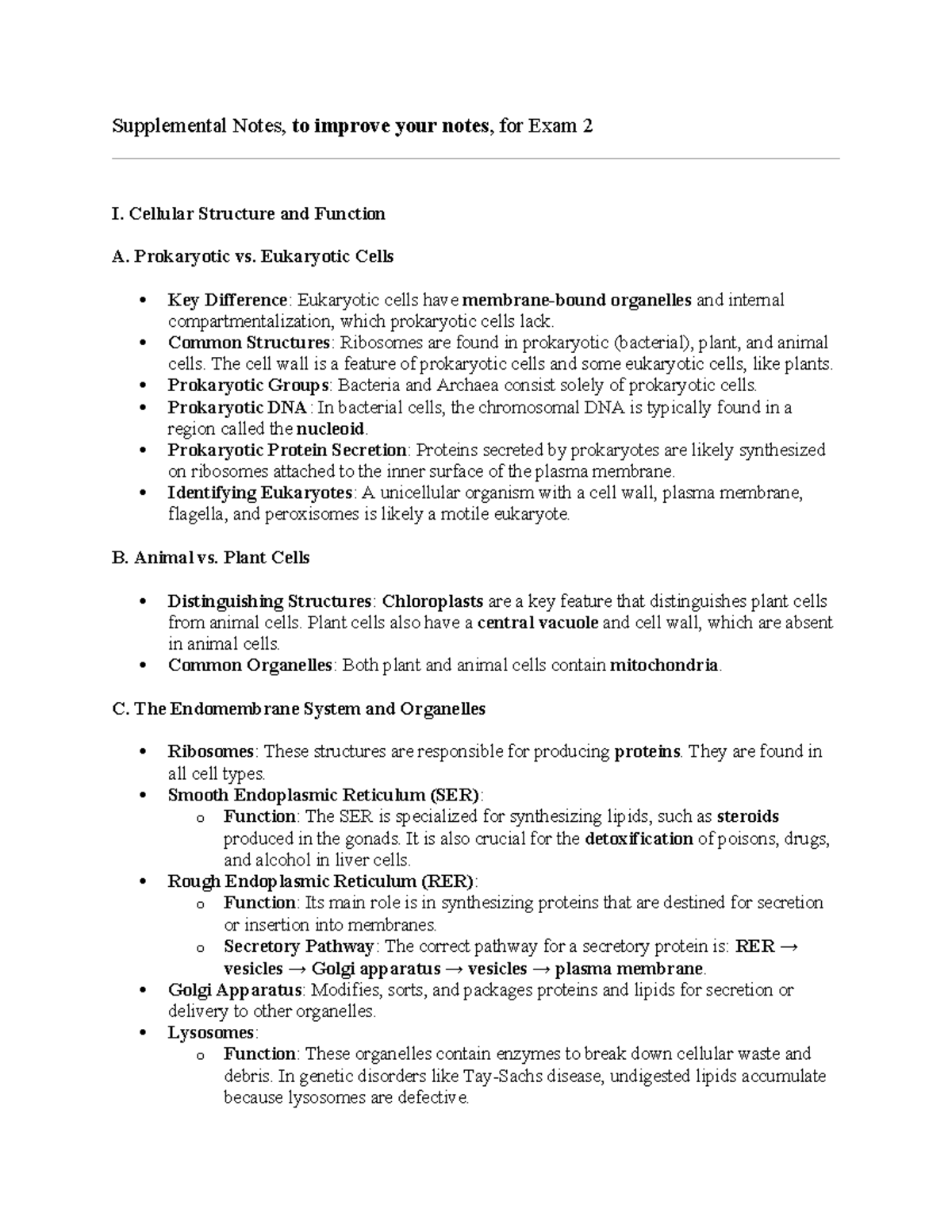 Cell Structure & Function Supplemental Notes for Exam 2 - Studocu