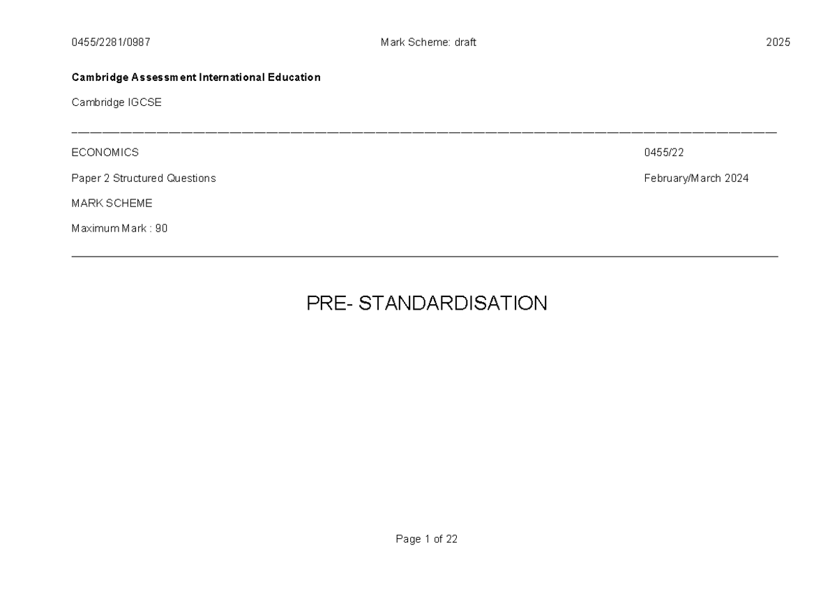 Mark Scheme 2025: Cambridge IGCSE Economics Paper 2 (0455/22) - Studocu