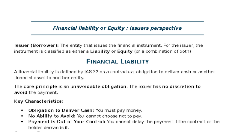 Financial Liability vs. Equity: An Issuer's Perspective (FIN 101) - Studocu