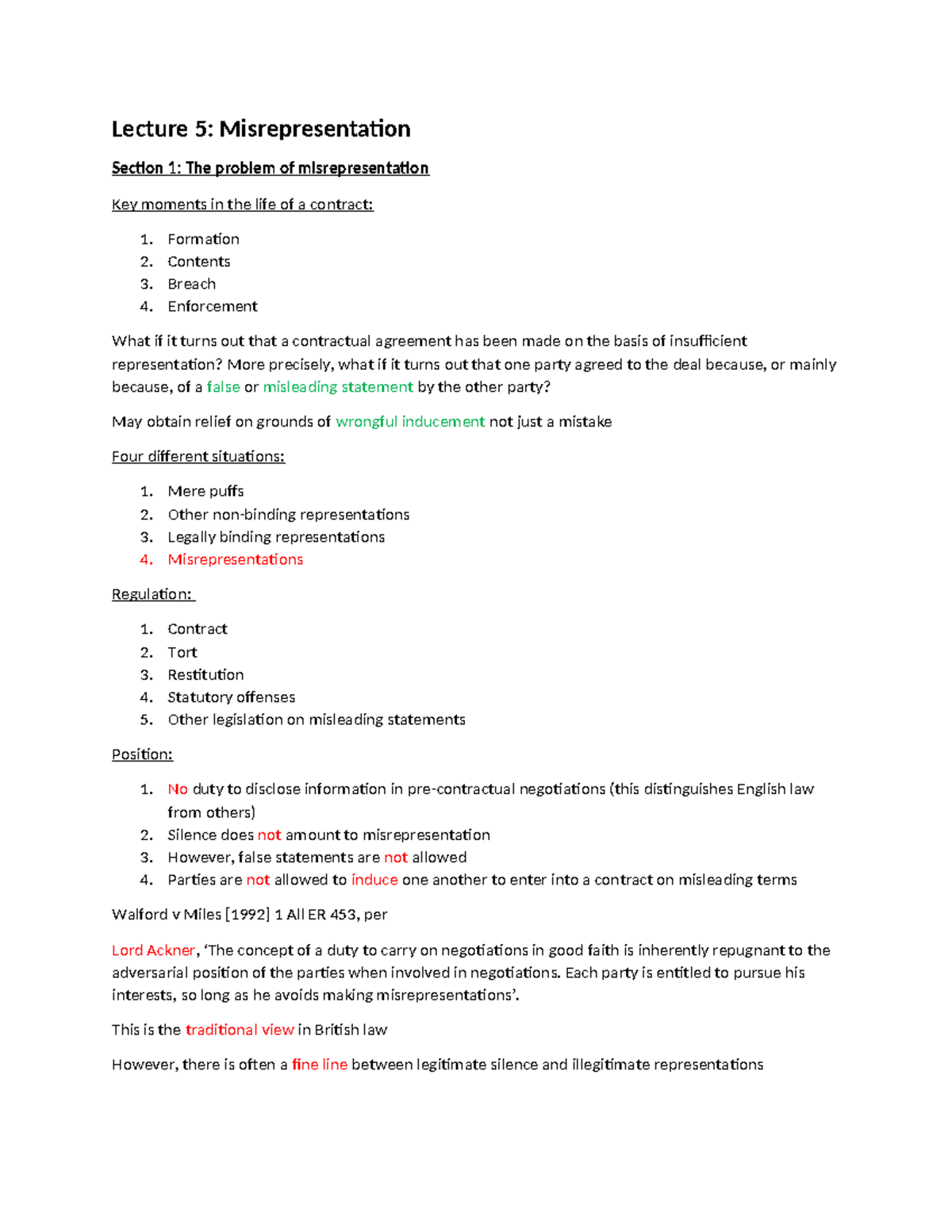 LAW 101 - Lecture 5: Understanding Misrepresentation in Contracts - Studocu