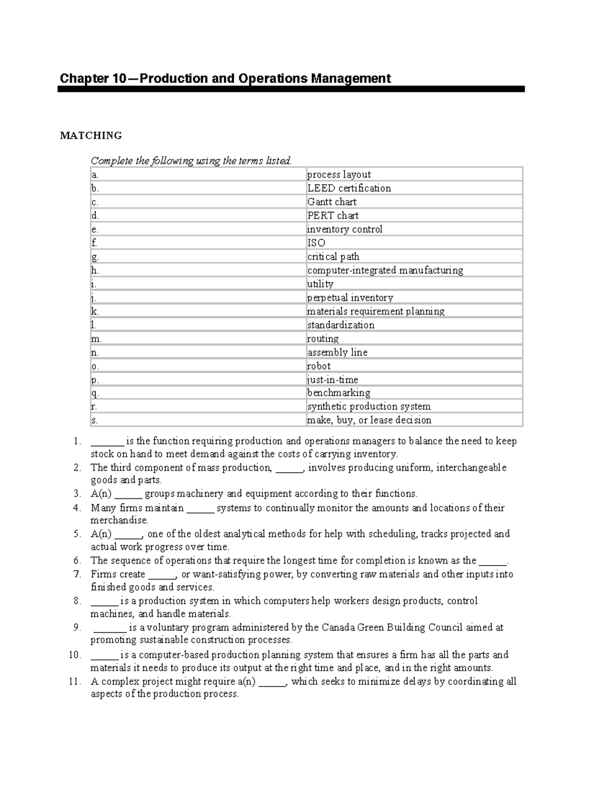 Ch10 - Production and Operations Management Quiz: MCQs & Match Items ...