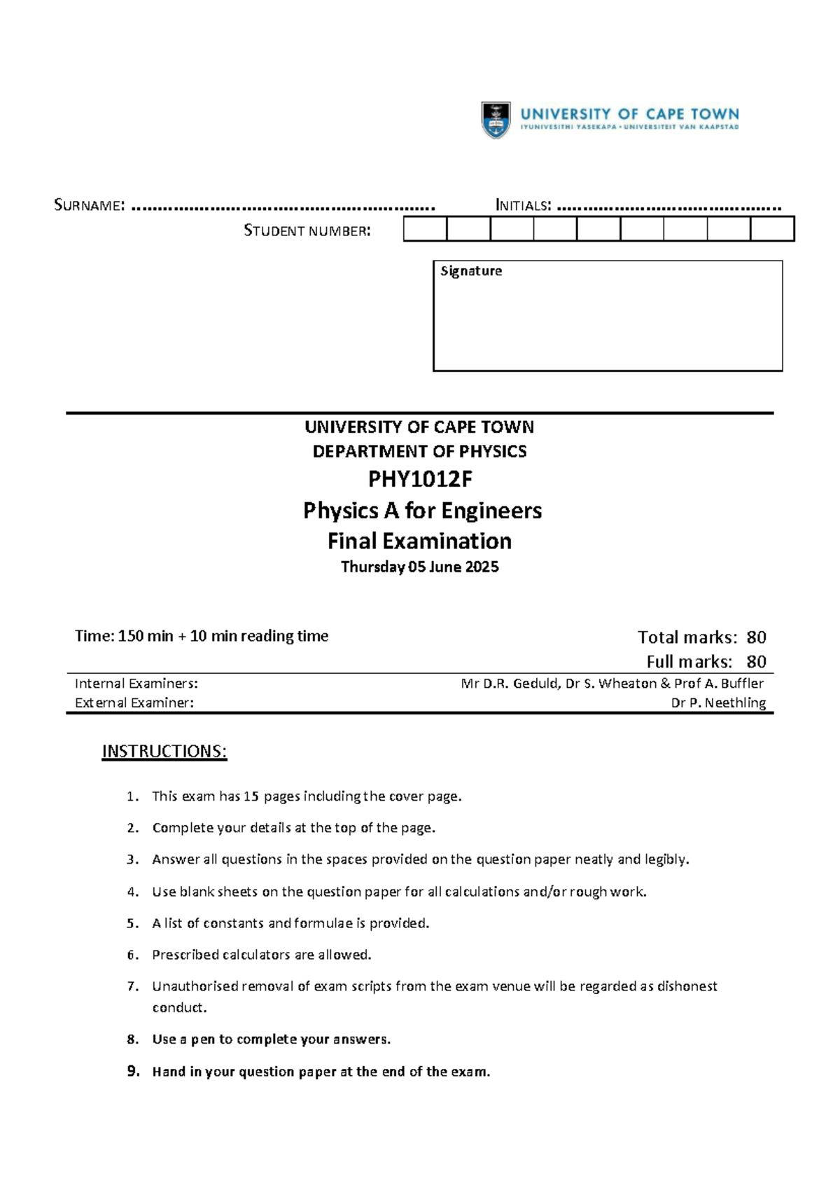 PHY1012F Physics A for Engineers Final Exam Review 2025 - Studocu