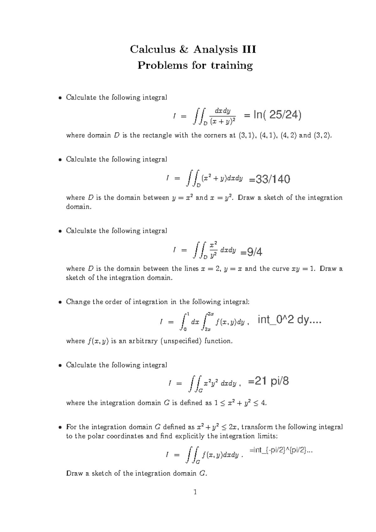 Problems for training with answers - Calculus & Analysis III Problems ...