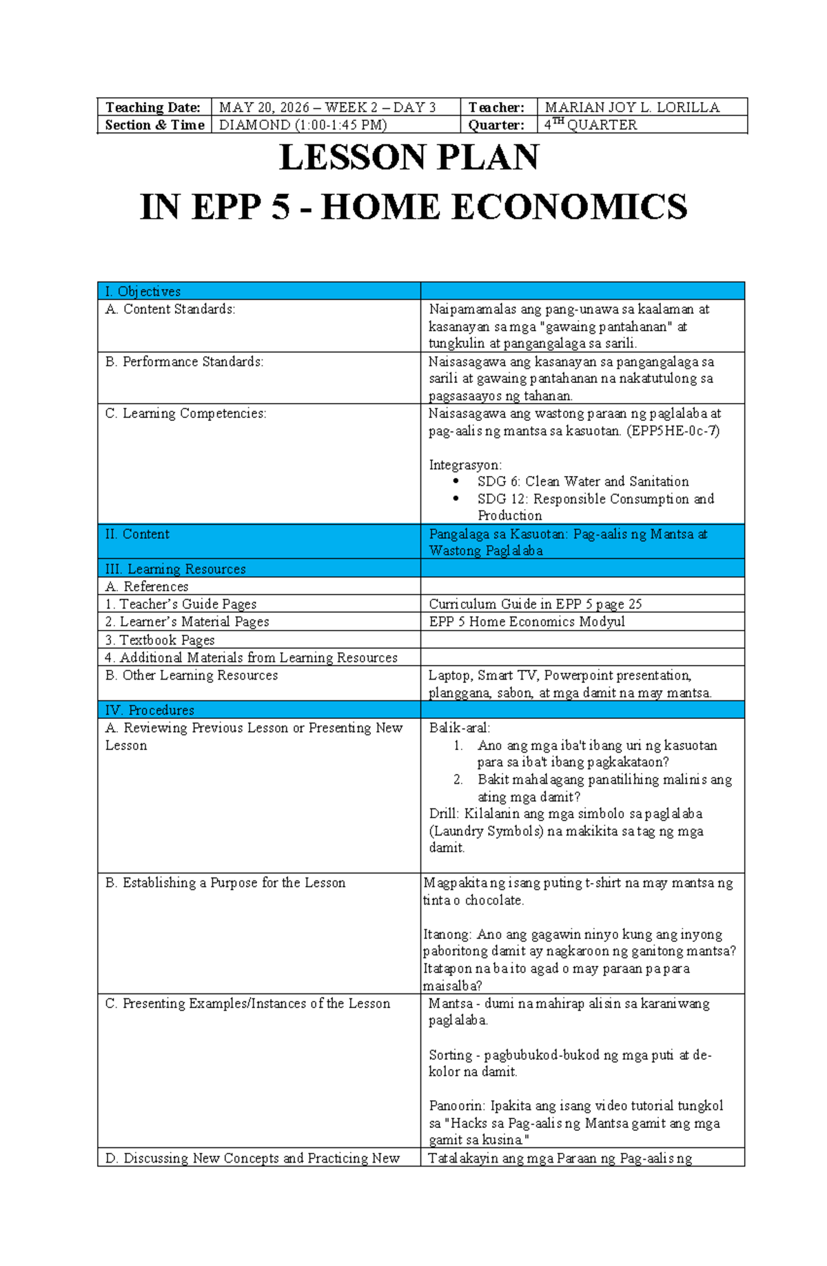 4TH QUARTER LESSON PLAN IN EPP 5: HOME ECONOMICS - WEEK 2 - Studocu