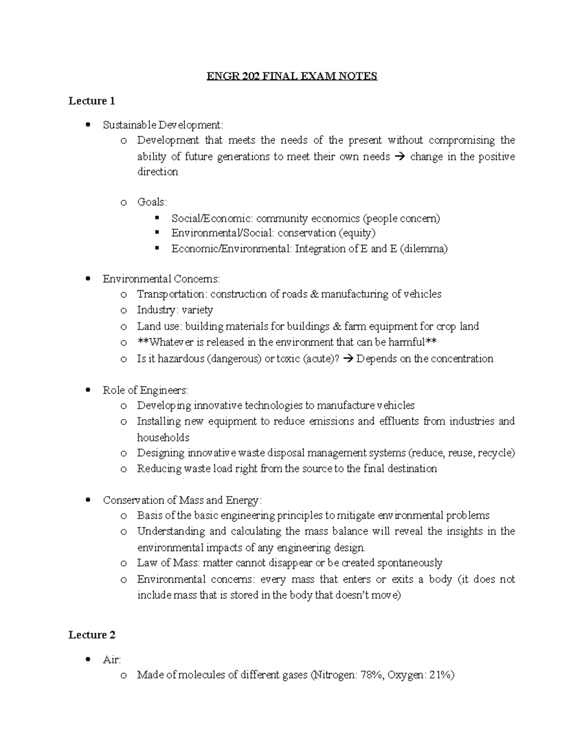 ENGR 202 Final Exam Study Notes on Environmental Engineering Topics ...