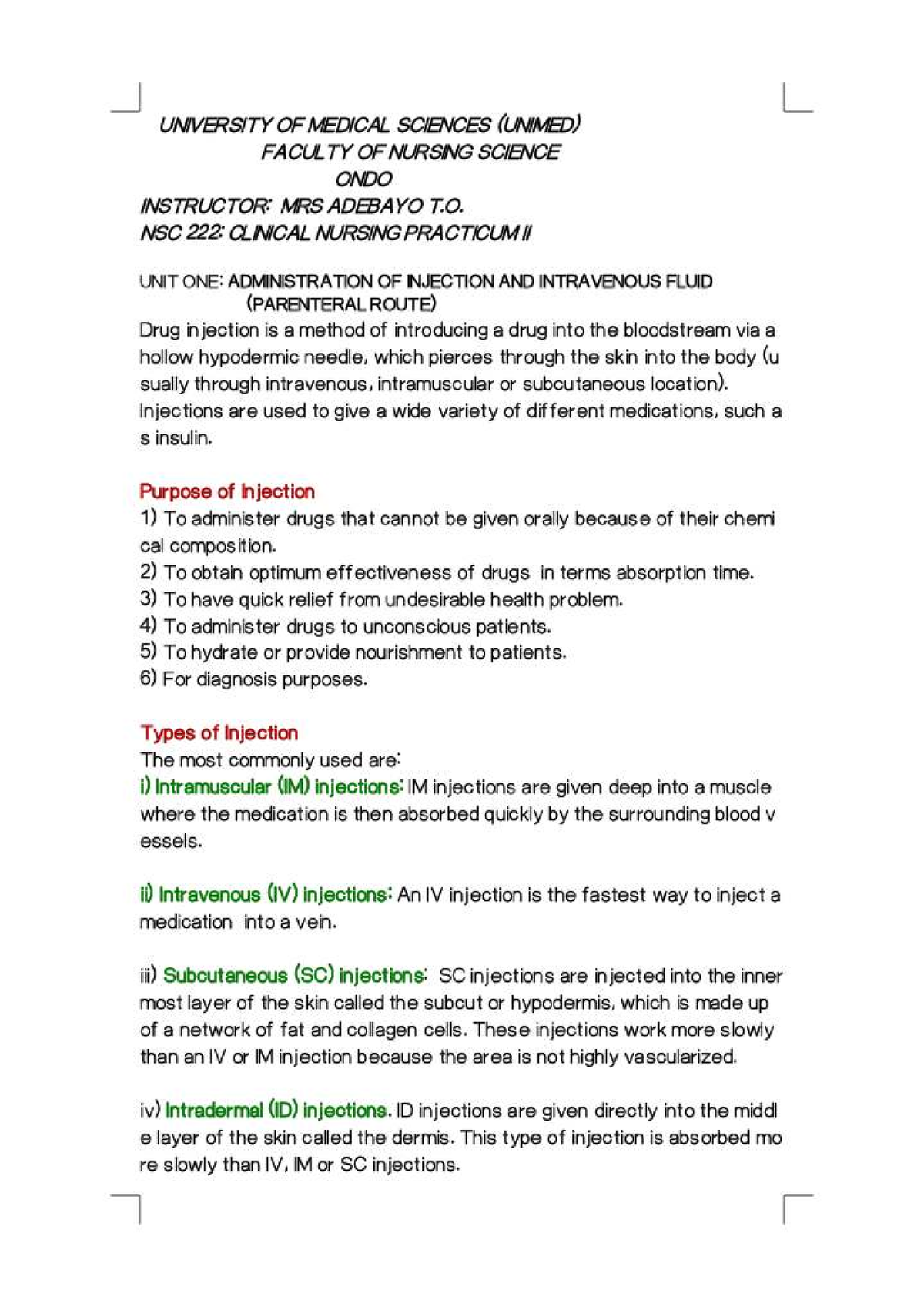 NSC222 Final Exam Notes: Administration of Injections and IV Fluids ...
