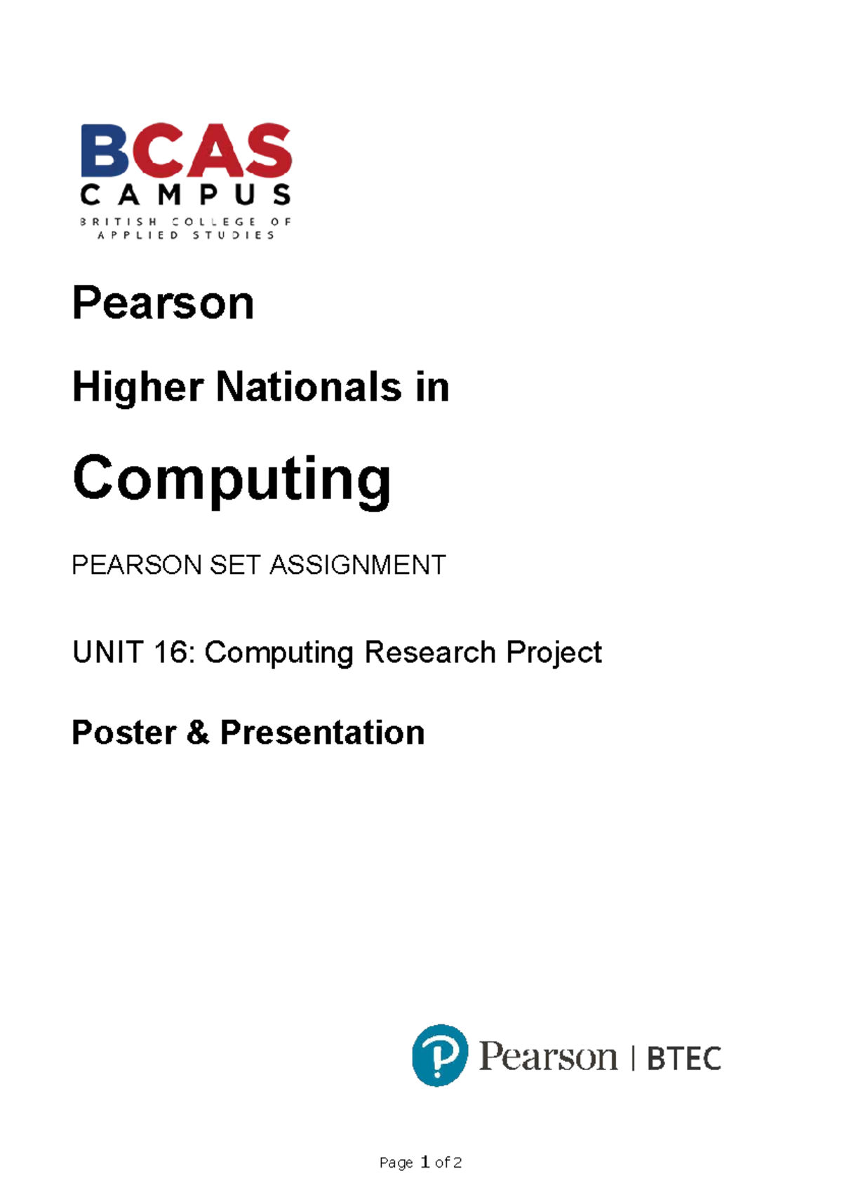 Pearson HNC Computing Unit 16: Research Project Poster Presentation ...