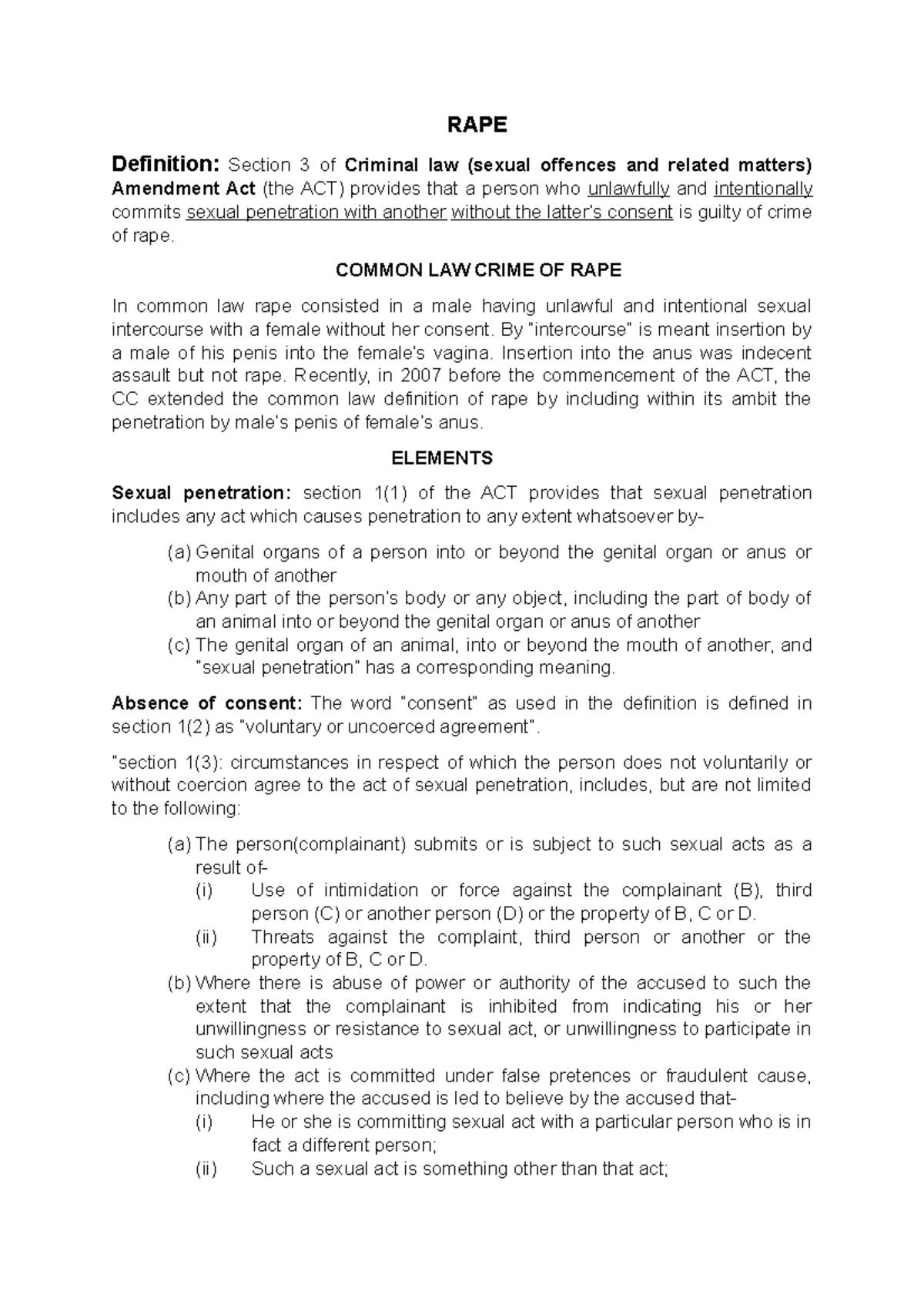 RAPE - Summary of Criminal Law on Sexual Offences (CIV 2023) - Studocu