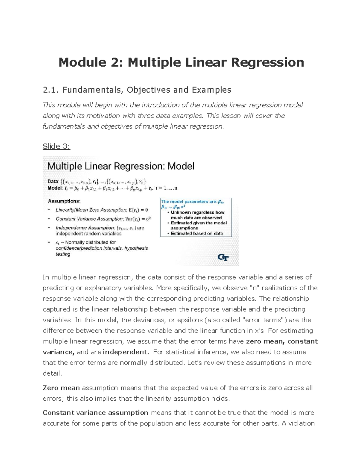 Mod2: Multiple Linear Regression - Fundamentals & Examples - Studocu