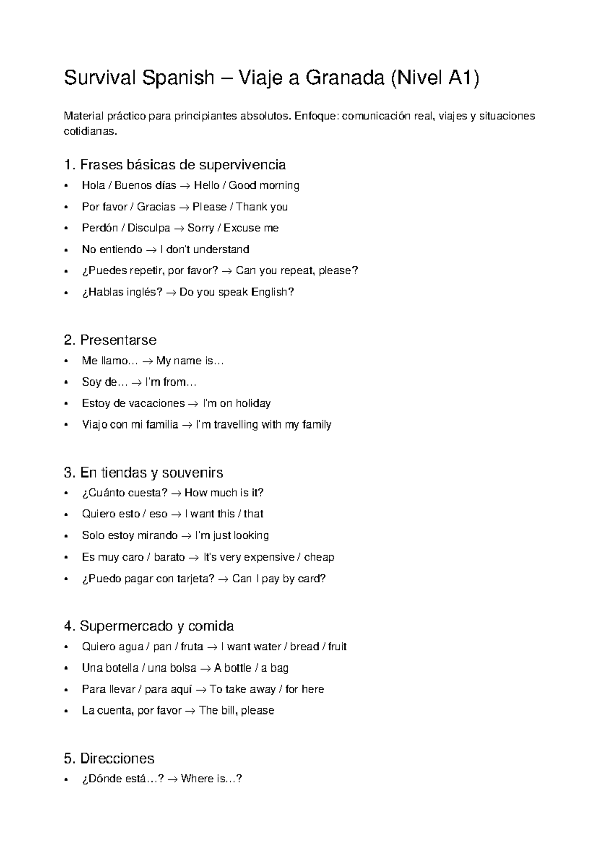 Survival Spanish A1: Practical Travel Phrases for Granada - Studocu