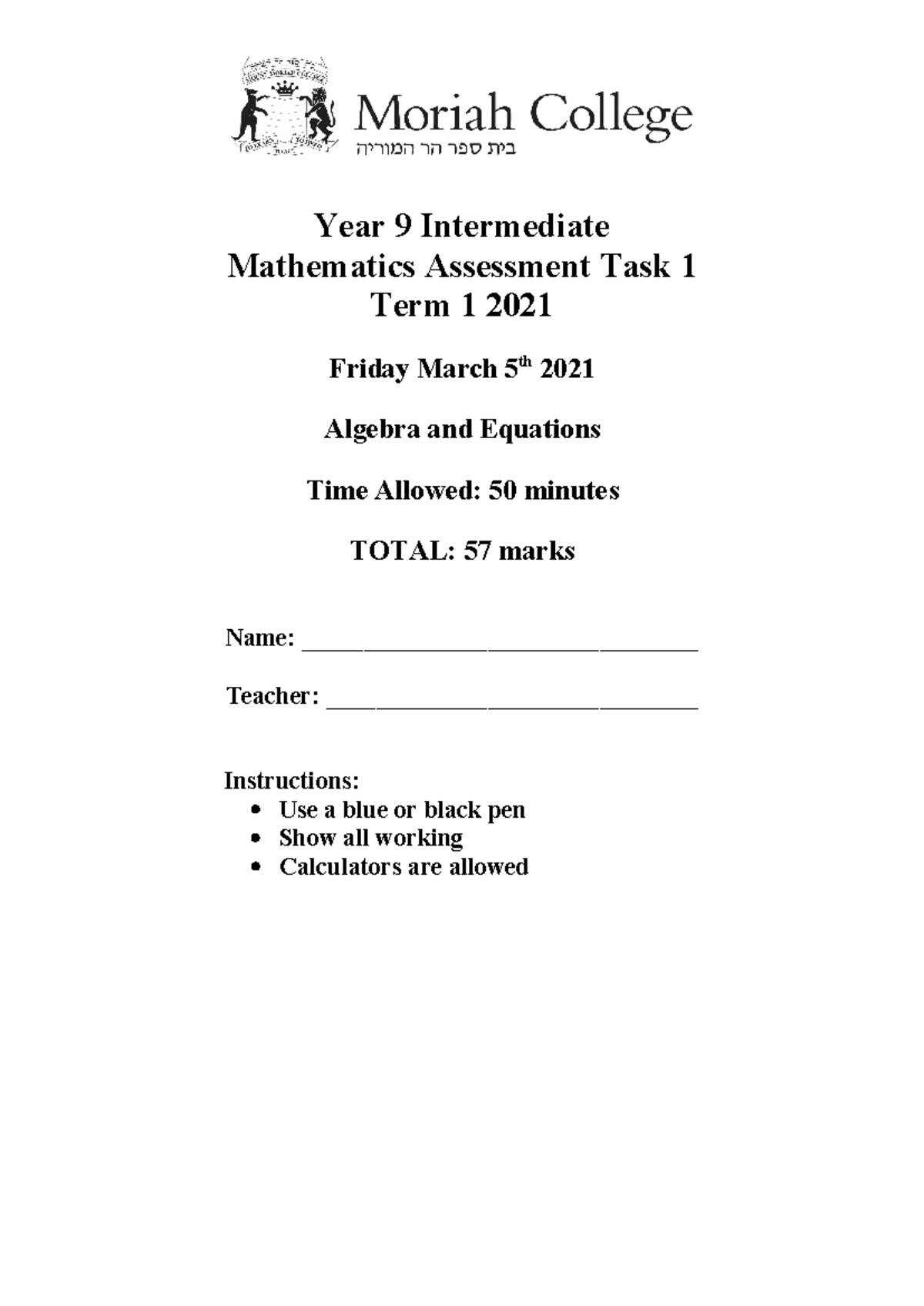 Yr 9 INT AT1 2021 Algebra Equations Test - Year 9 Intermediate ...