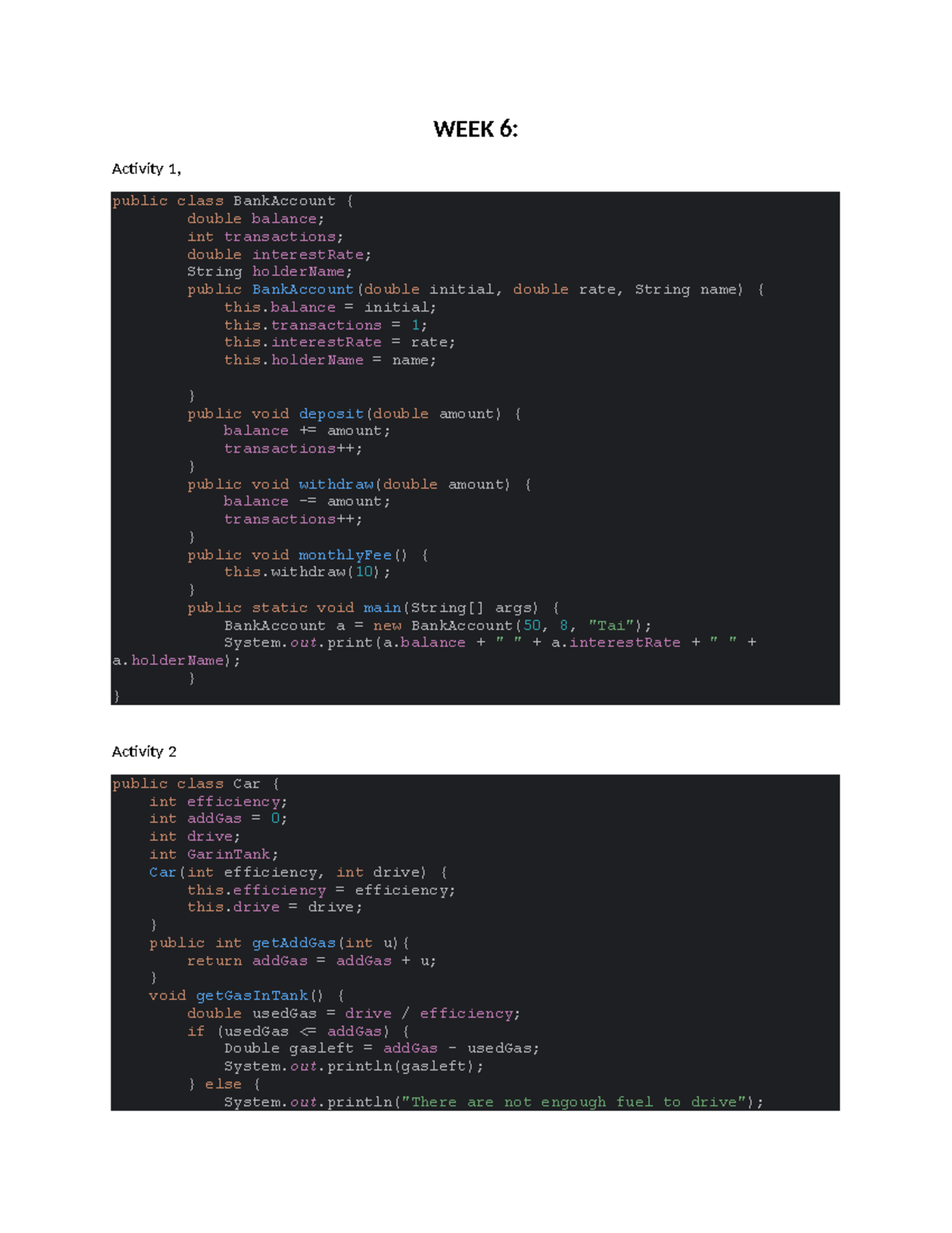 WEEK 6-7: Homework Activities on Java Classes and Methods - Studocu