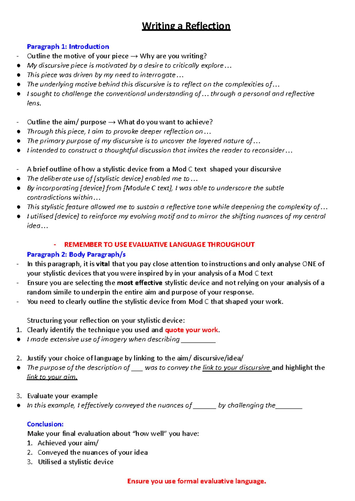 Reflection Paragraph Writing Guide for Mod C Analysis - Studocu