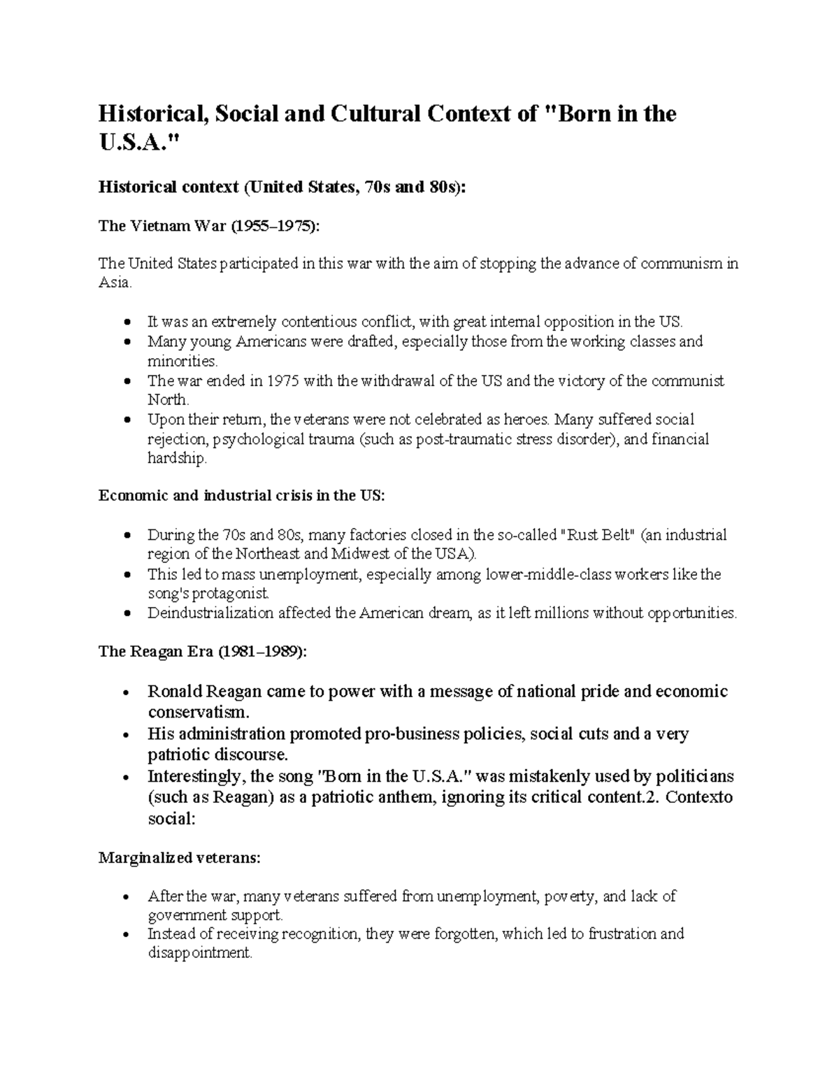 Historical, Social & Cultural Context of Born in the U.S.A. - Studocu
