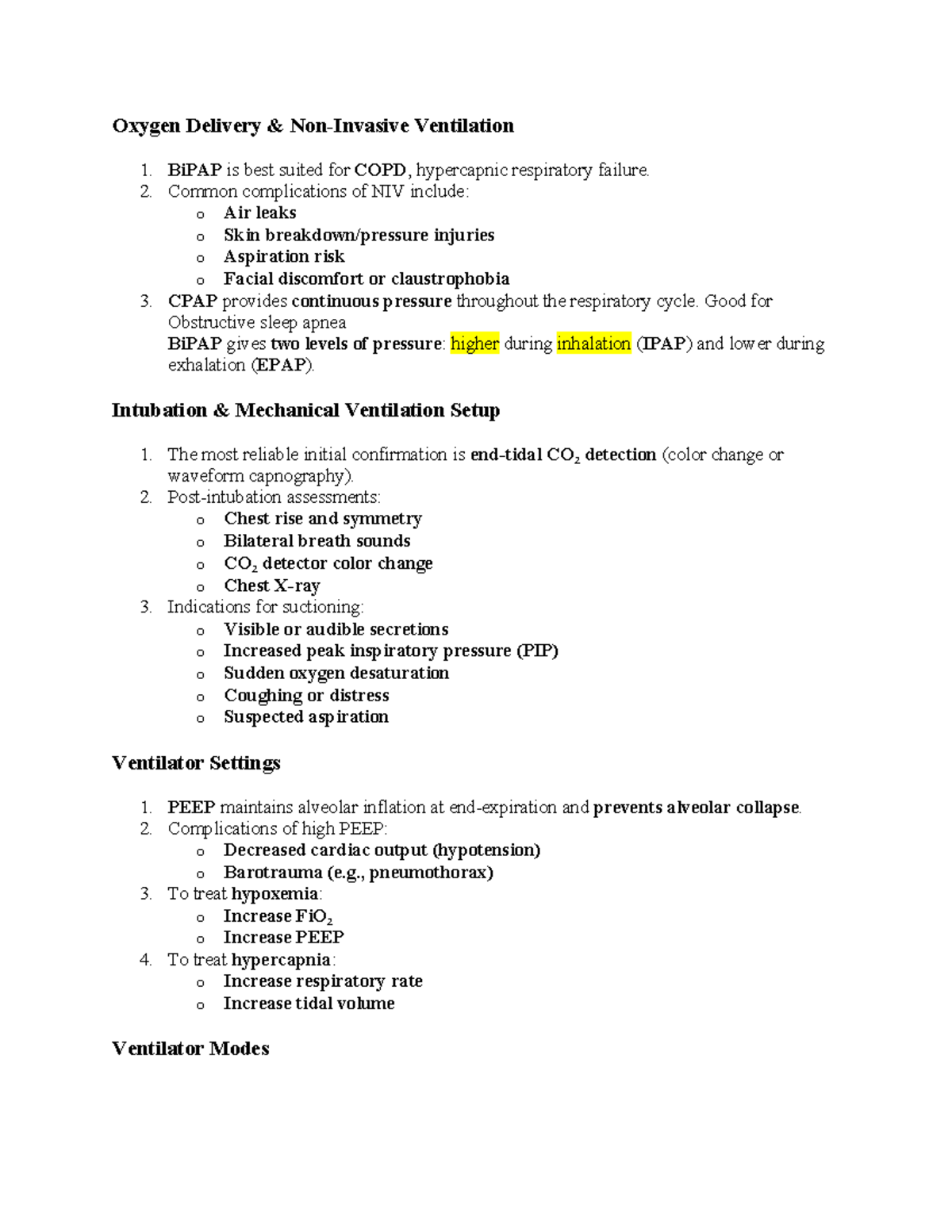 Oxygen Delivery & NIV in ARDS Management Notes (Course Code: MED123 ...