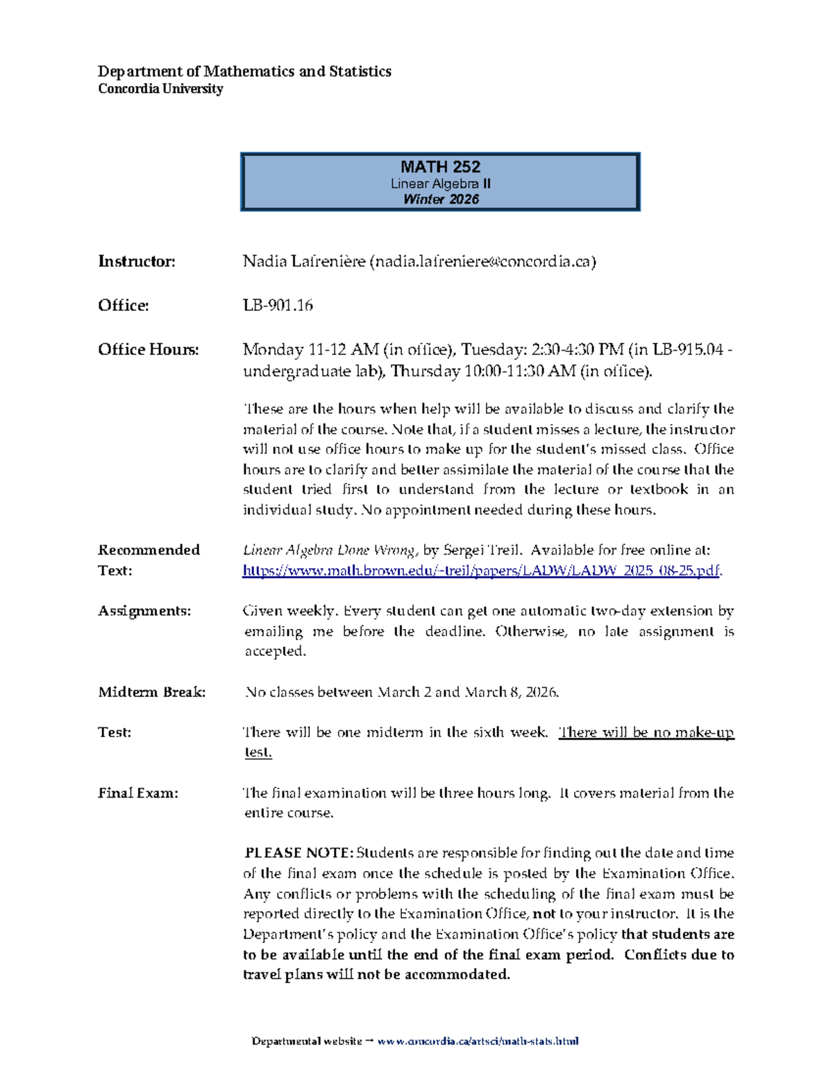 MATH 252 Linear Algebra II Course Outline Winter 2026 - Studocu