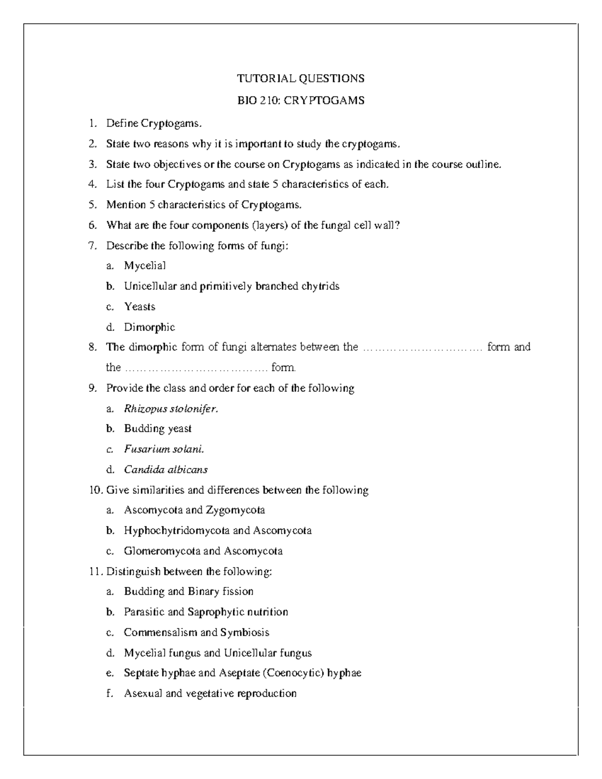 BIO 210 Tutorial Questions: Cryptogams Overview and Key Concepts - Studocu