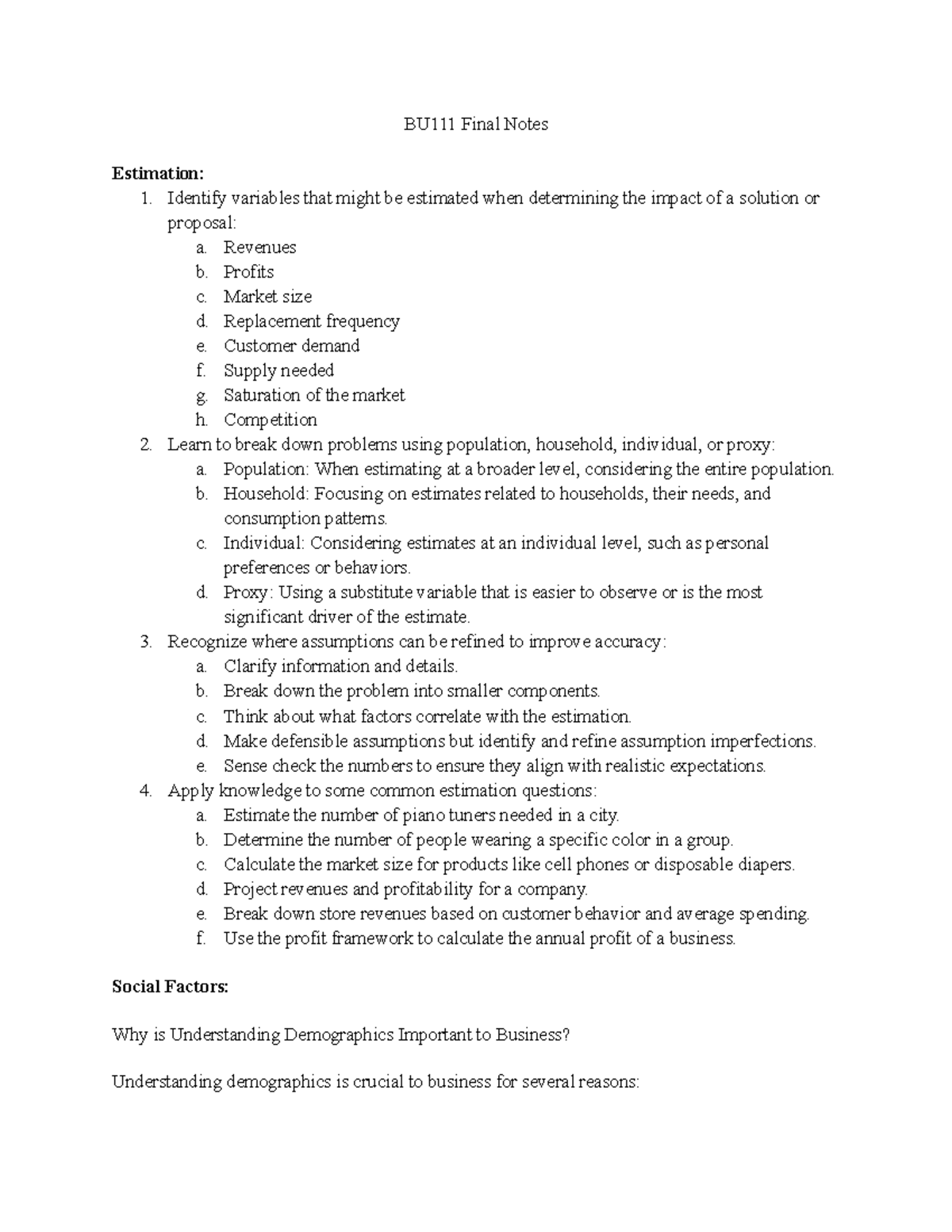 BU111 Final Notes - BU111 Final Notes Estimation: Identify variables ...