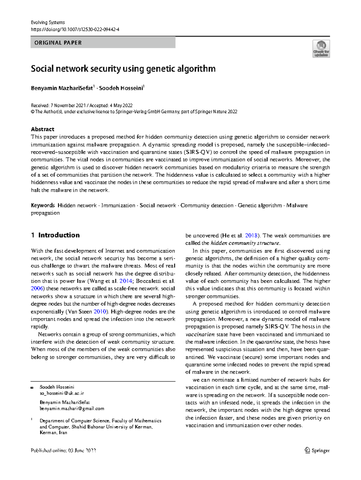 Social Network Security: Genetic Algorithm for Malware Control (CS 2022 ...