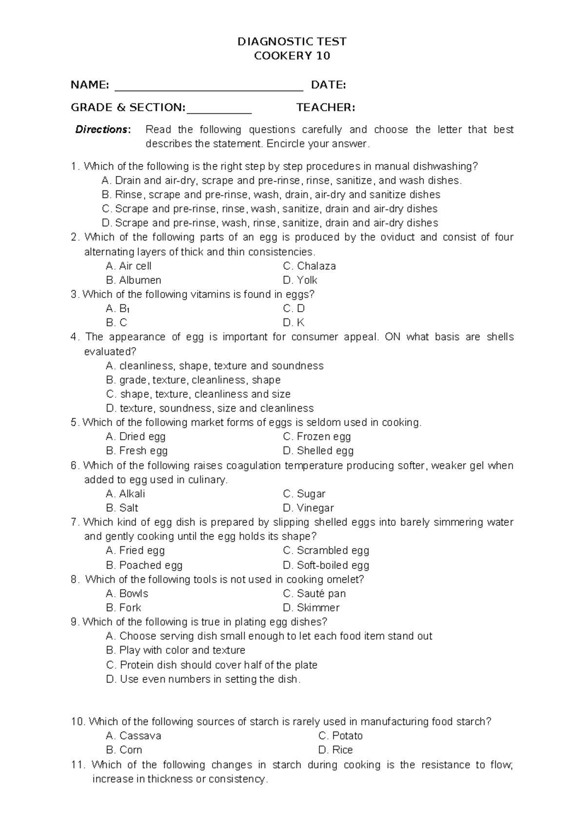 Diagnostic Test for TLE - Cookery 10: Comprehensive Review Questions ...